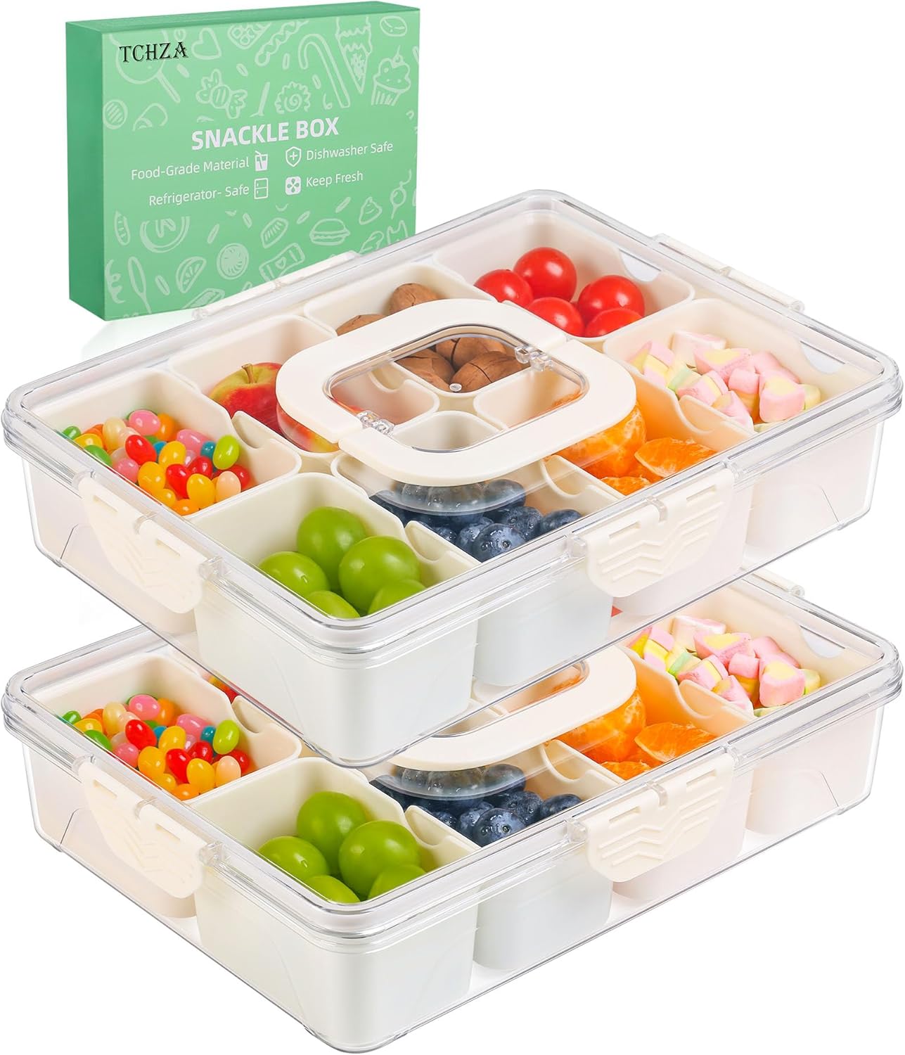 TCHZA Snackle Box Container, Dishwasher Safety - Divided Serving Tray with Lid and Handle, Charcuterie Board for Portable Snack Platters - Clear Organizer for Fruits Snacks,Perfect for Road Travel