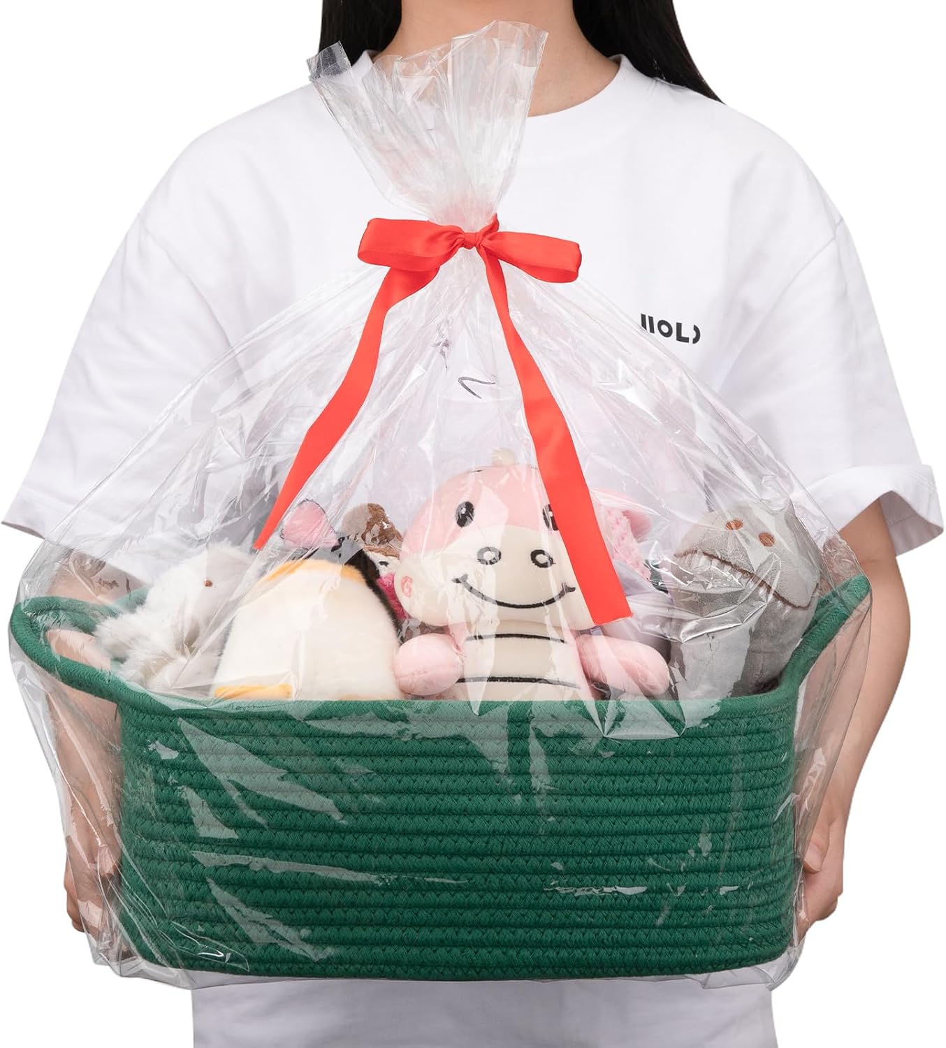 OIAHOMY Woven Basket, Gift Basket Empty with Gift Bags and Ribbons, Rope Baskets for Baby Showers, Storage Baskets with Handles for Nursery, Pet Toy Organizer - Green