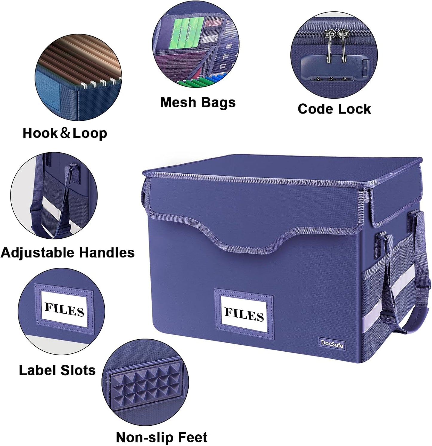 DocSafe Fireproof Document Box with Lock, File Storage Organizer with Mesh Pockets, Collapsible Portable File Box Home Office Safe Filing Cabinet with Handle for Hanging Letter/Legal Folder, Blue