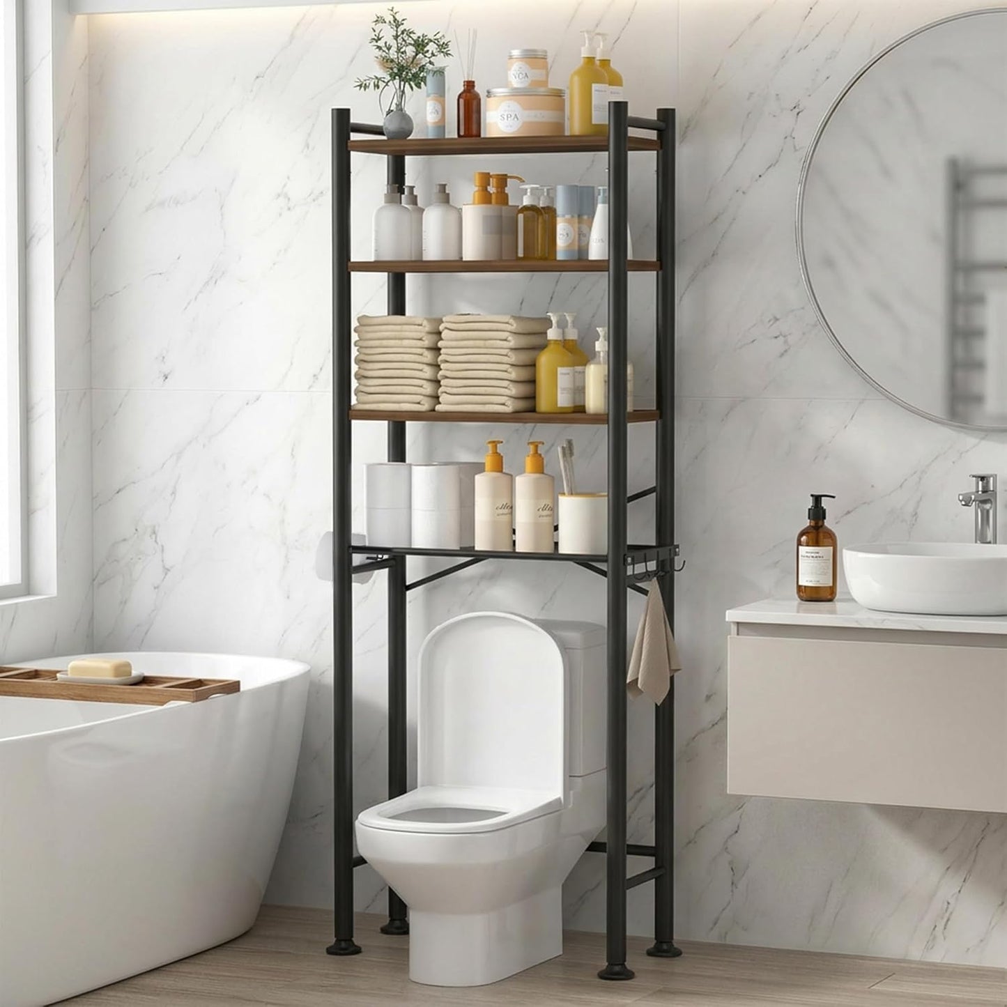 GloTika 4-Tier Over Toilet Storage with Anti-Tilt Safety System - 150lb Total Capacity Metal Bathroom Shelves Including Paper Holder & 4 Hooks, Space Saving Above Commode Organizer (69.3" H, Brown)