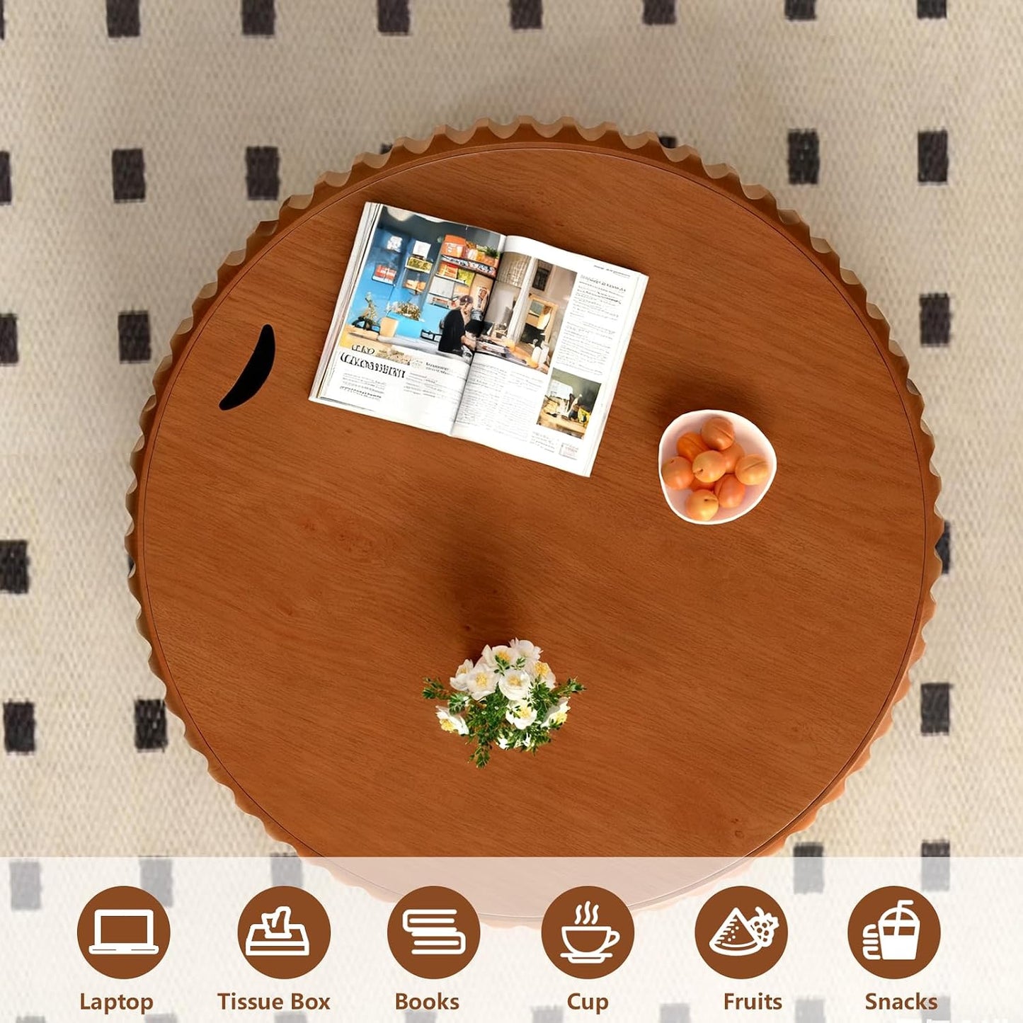 39.4" Brown Round Fluted Storage Coffee Table | Round Drum Coffee Table with Storage Handcrafted Solid Wood Fluted Edge, Sturdy Cylindrical Base for Living Room Apartment