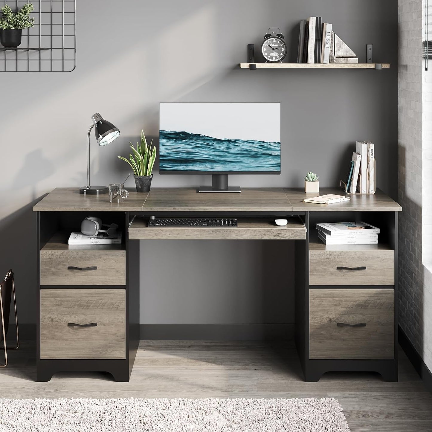 Bestier 59 Inch Office Desk with 4 Drawers, Computer Desk with Storage, Executive Desk with File Drawer, Keyboard Tray & 2 Pedestals on Both Sides for Home Office, Studio, Grey&Black