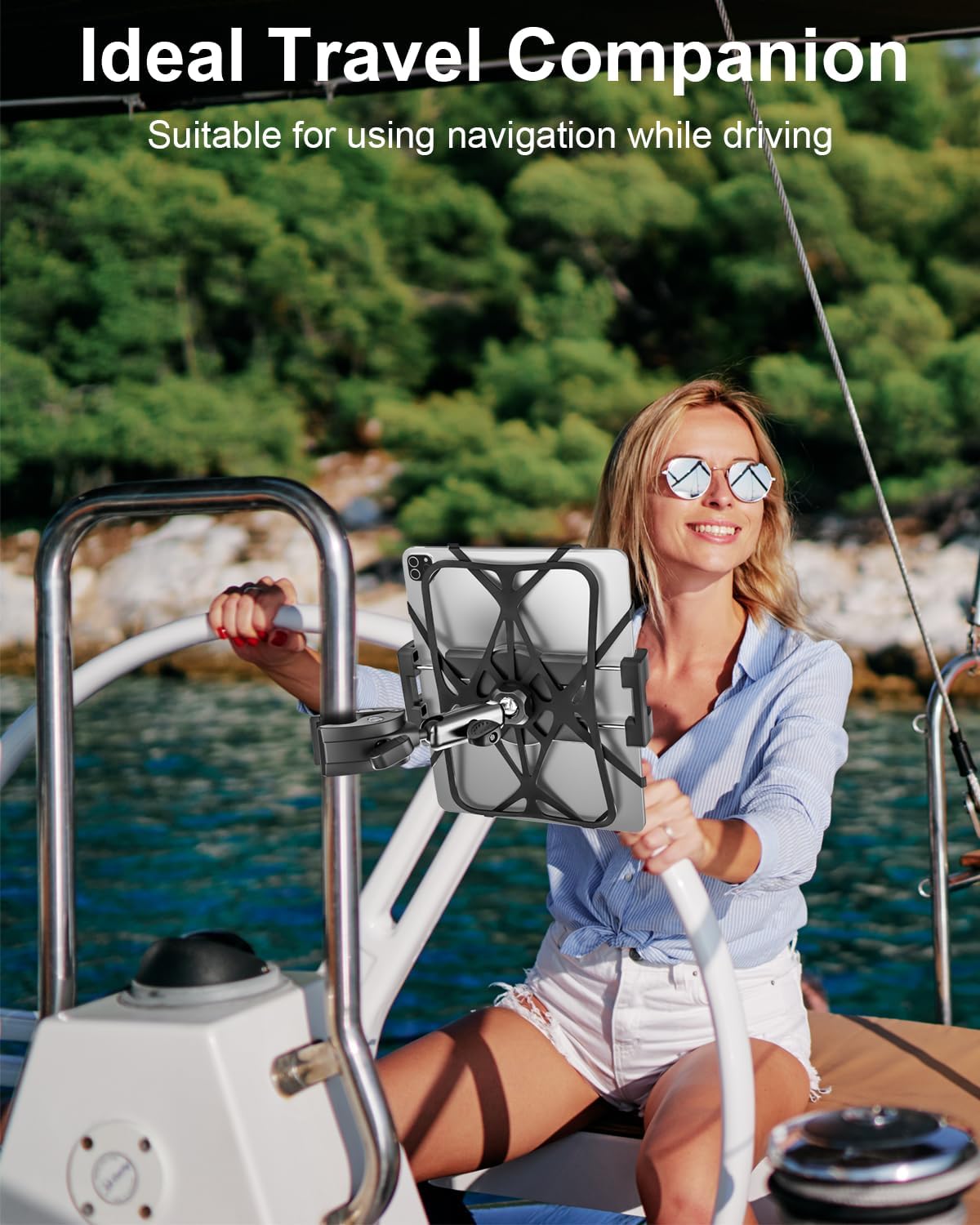 Metal iPad Tablet Mount for Boat Helm, Marine, Wheelchair, Golf Cart, Stroller, Treadmill, Spin Bike, Bicycle, Mic Stand - 360° Adjustable Handlebar Clamp for 4-13" iPad Pro, Air, Mini, Galaxy, iPhone