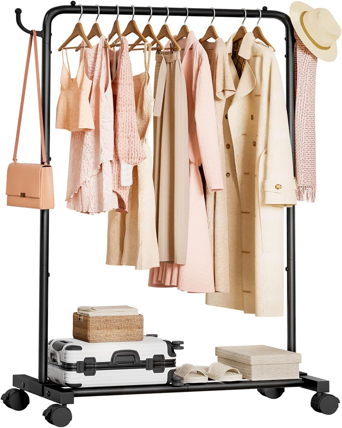 Homde Rolling Clothes Rack with Hooks: Standing Garment Storage for Indoor - Hanging Rod for Bedroom Laundry Room - Coat Dress Organizer on Wheels with luggage shelf (Black, 31.5")