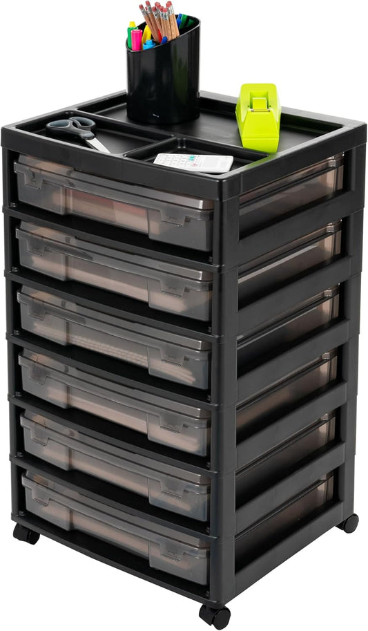 IRIS USA Fits 12" x 12" Paper, 6-Tier Scrapbook Rolling Storage Cart with Organizer for Stationery Vinyl Tools Office Art and Craft Supplies, Yarn, 6 Cases w/Built in Handle - Gray