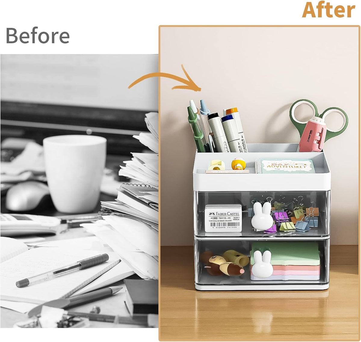 Marbrasse Small Desk Organizer with Drawer, Multi-Functional Pen Pencil Holder Storage Box, Desk Organizers and Accessories with 3 Compartments + 2 Drawer for Office Art Supplies(White)