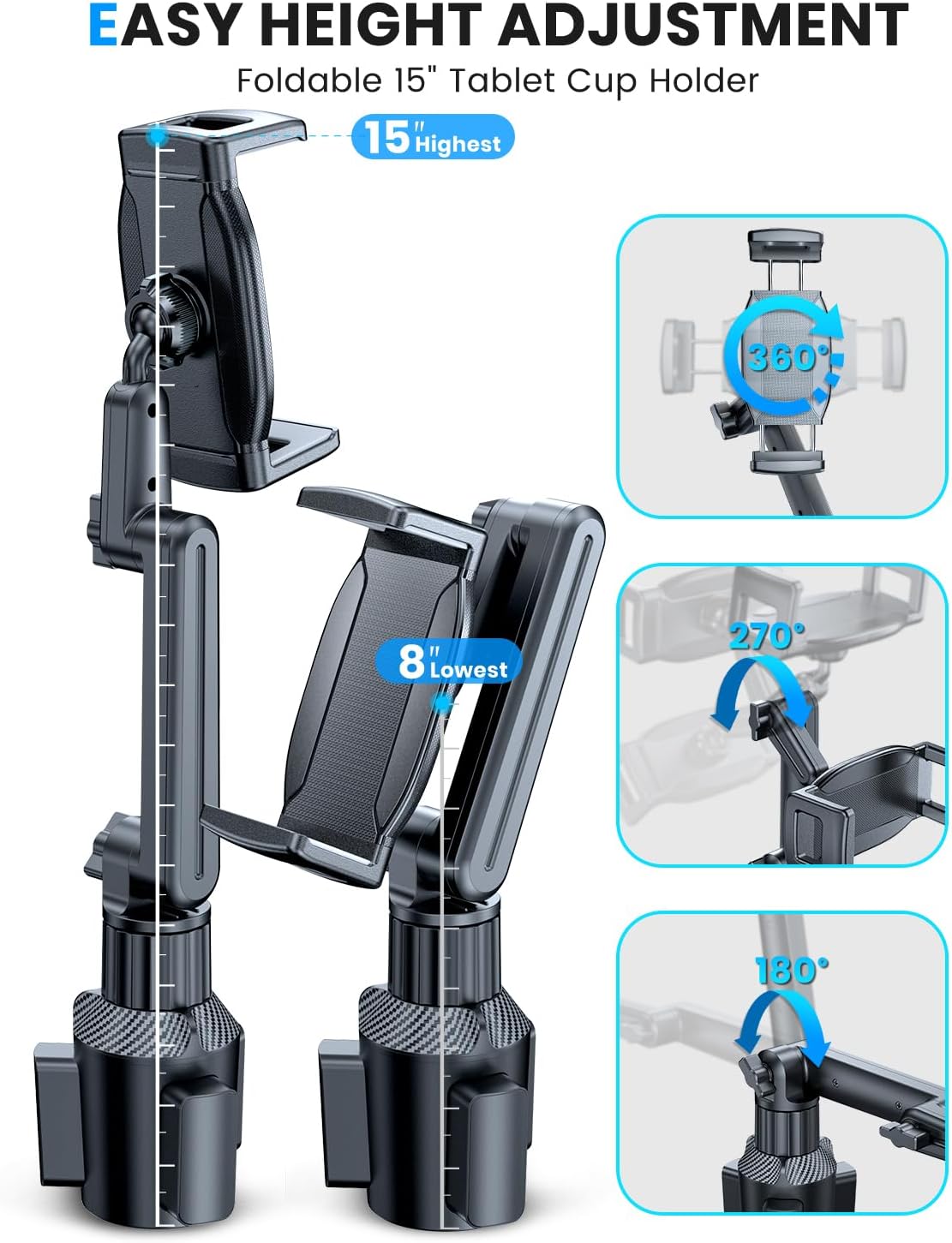 eSamcore Tablet Holder for Car, for iPad Stand Cup Holder Car Mount with 1.57" Depth Large Clamp 15" Height Adjustable Tab Mount Holder for 6"-12.9" Cell Phone iPhone Travel iPad Accessories