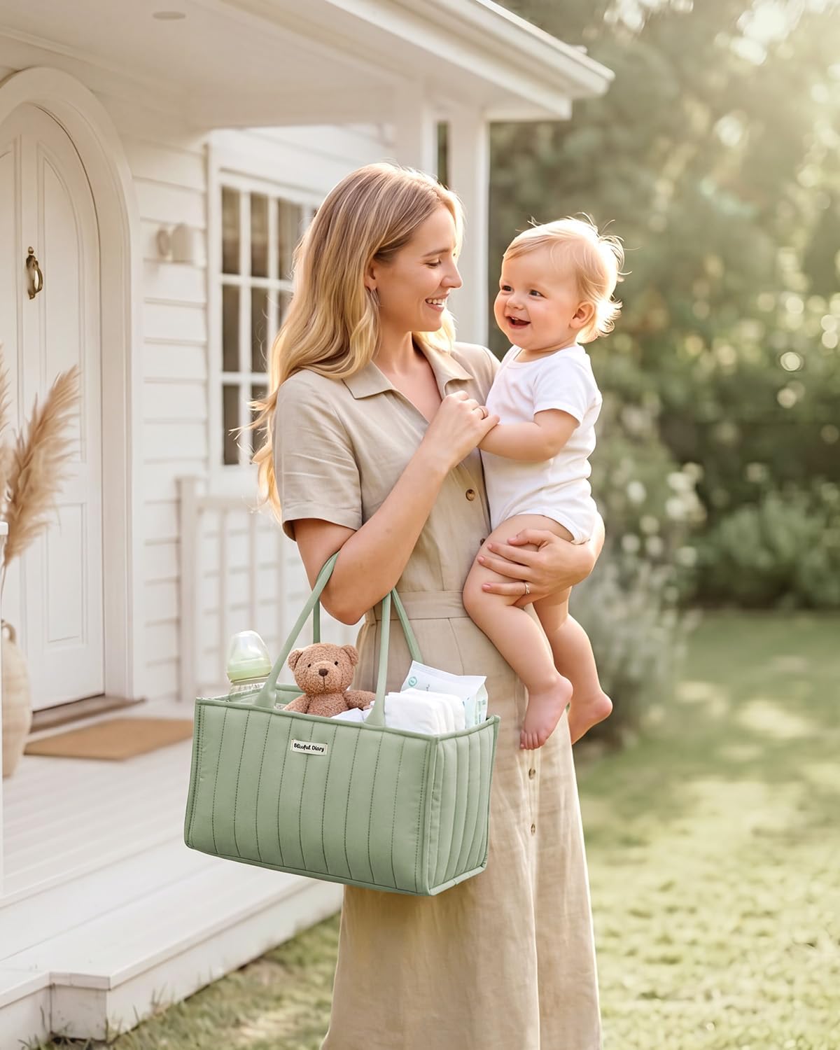 Blissful Diary Baby Diaper Caddy Organizer, Stylish Storage Basket for Newborn Essentials and Diaper Station, Gift for Baby Shower and Registry Must-Have, Sage Green
