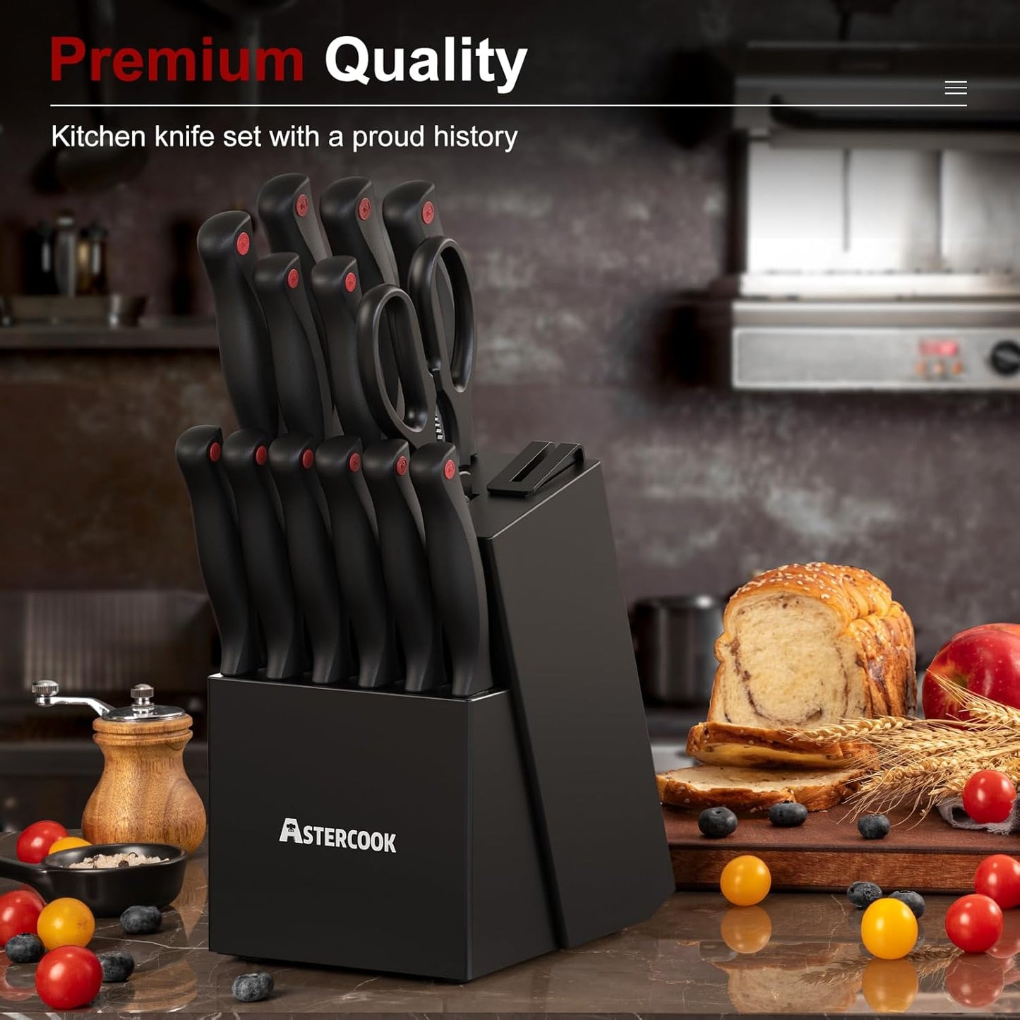 Knife Set, Astercook 15 Pieces Knife Sets for Kitchen with Block, Dishwasher Safe Kitchen Knife Set with Built in Sharpener Block, German Stainless Steel Kitchen Utensils Set