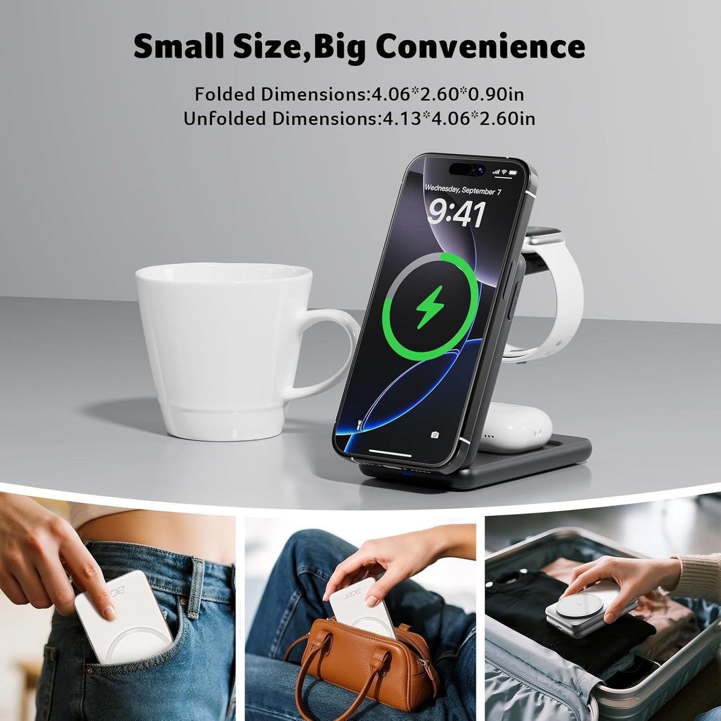 Acer 3 in 1 Charging Station for Apple Device, Magnetic Palm-Sized Foldable Fast Charger Stand Compatible with MagSafe for iPhone 17, Apple Watch & AirPods, Foldable Charging Dock for Desk S3
