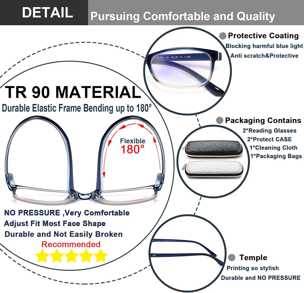 EYEURL Reading Glasses for Men Women Blue Light Blocking Readers 1.25