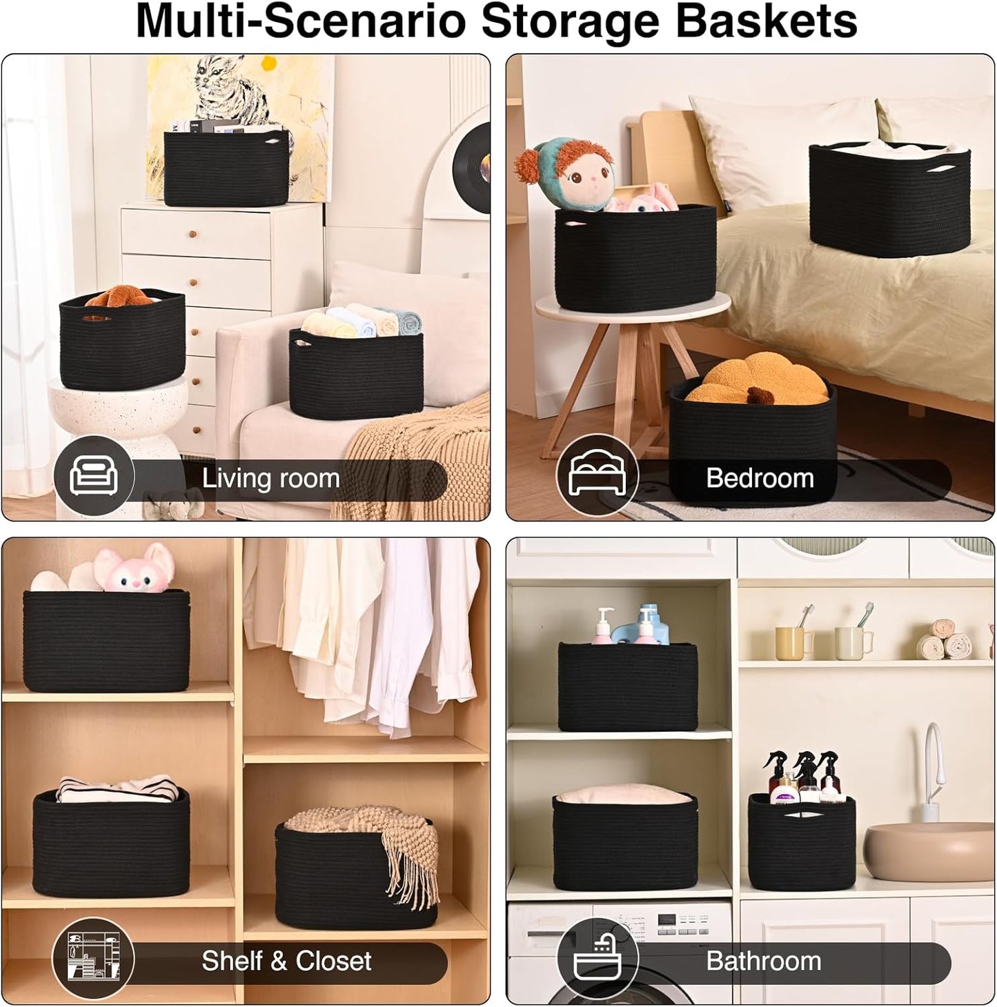 ICERZCZ Black Storage Baskets for Organizing Shelves, Toy Basket for Nursery, Woven Cotton Rope Basket for Decor, Towel Baskets for Bathroom, 15"x11"x9.5", 3 Packs, Black