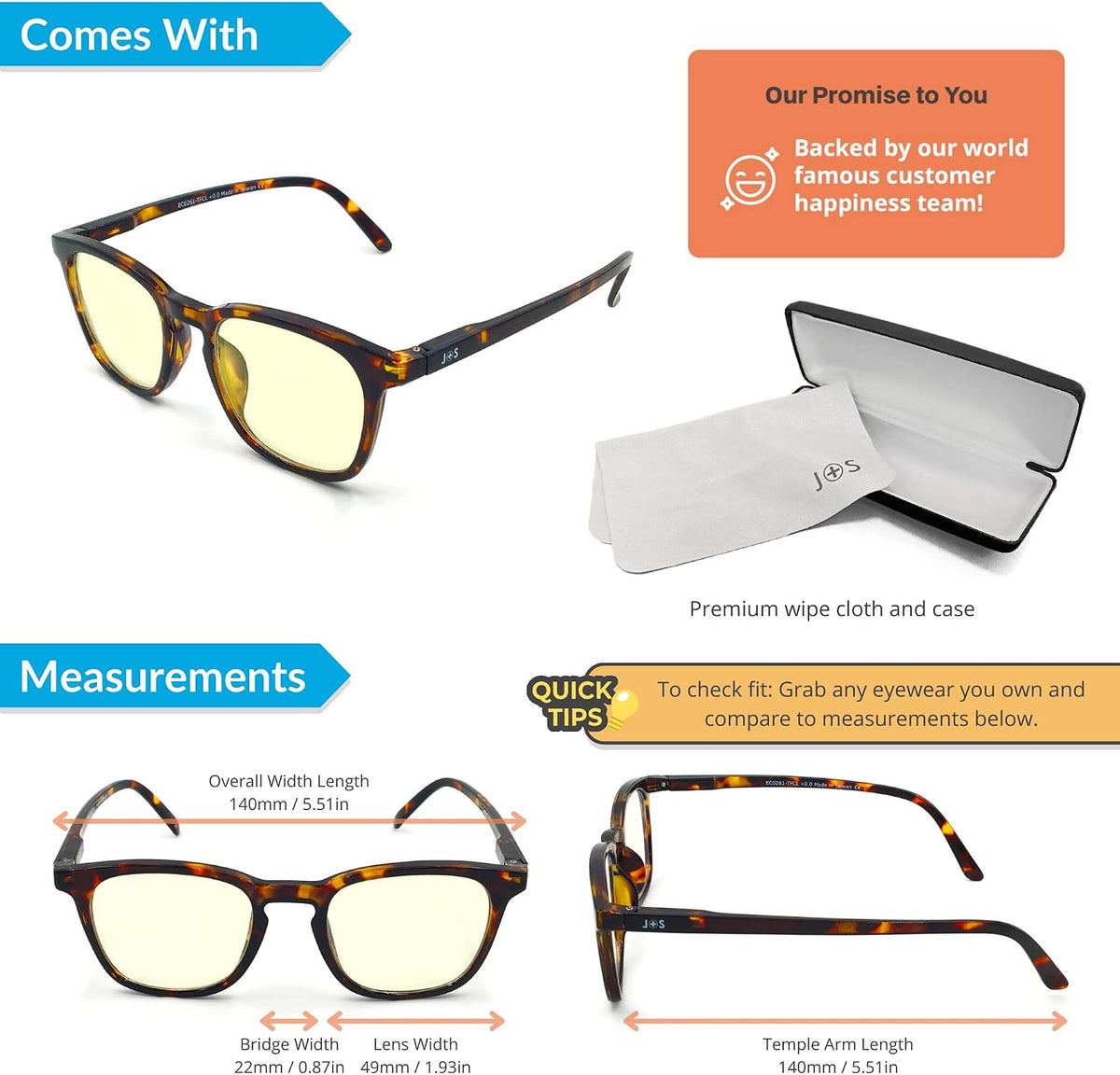 J+S Blue Light Blocking Glasses, for Men/Women, Medium-Small Fit