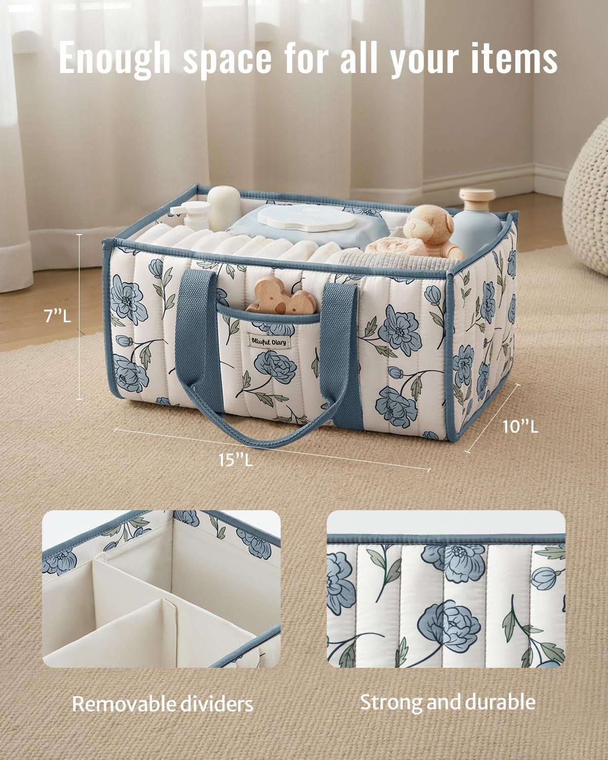 Blissful Diary Floral Diaper Caddy Organizer, Stylish Nursery Storage Basket, Gift for Baby Shower, Newborn Essentials, Peony Blue