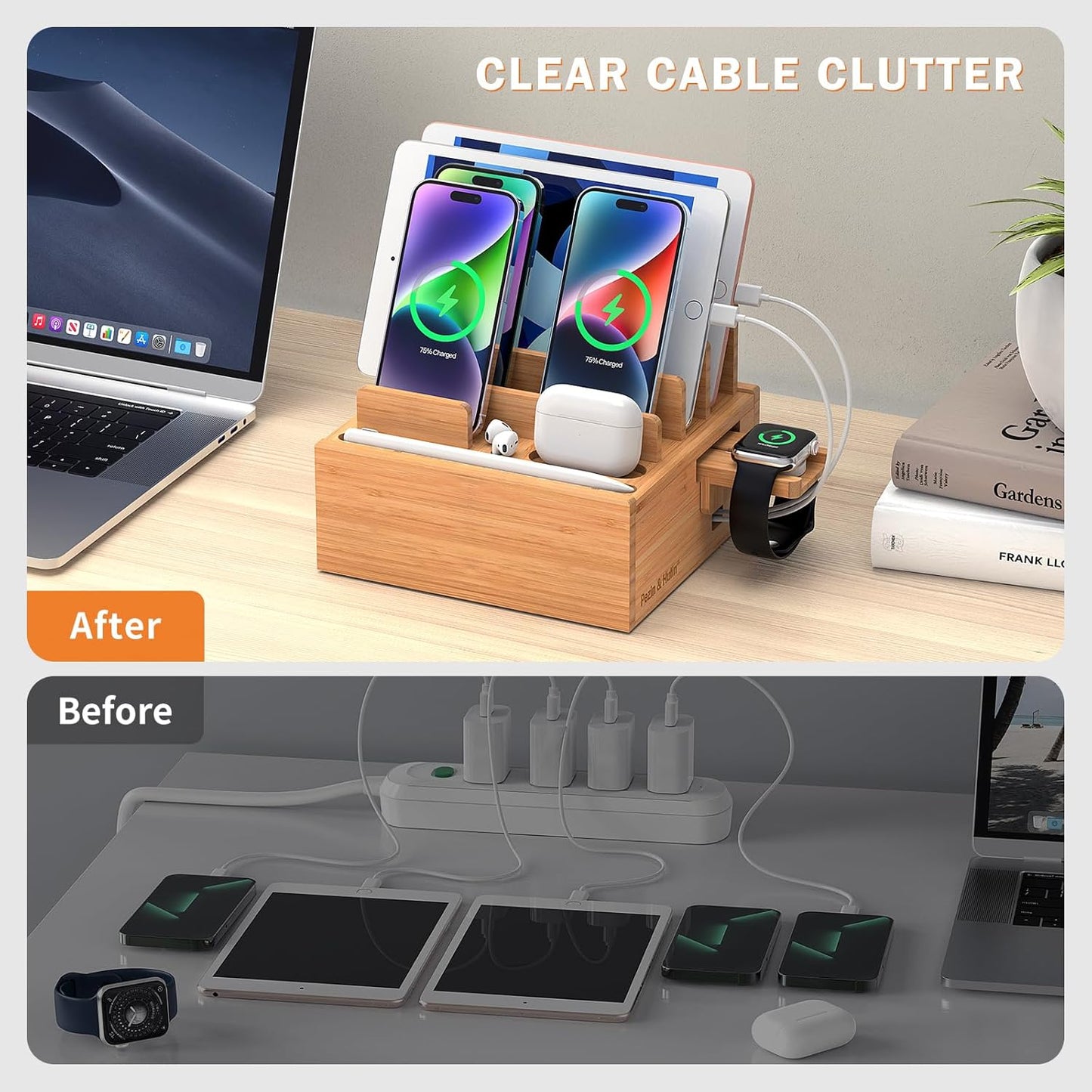 Pezin & Hulin Bamboo Charging Station for Multiple Devices with 5-Port HUB | Desktop Organizer, Wooden Docking Stations, All-in-1 Bamboo Dock Rack for Phones, Tablets, Watch–with 5 Cables