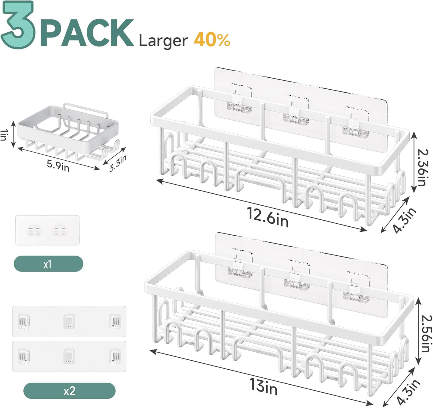 Veken Shower Caddy 3-Pack, Advanced Rustproof Design, No Drilling Adhesive Shelves, Rack with Soap Holder, Large Capacity Bathroom Organizers and Storage, Wall-Mounted Kitchen & Home Decor, White