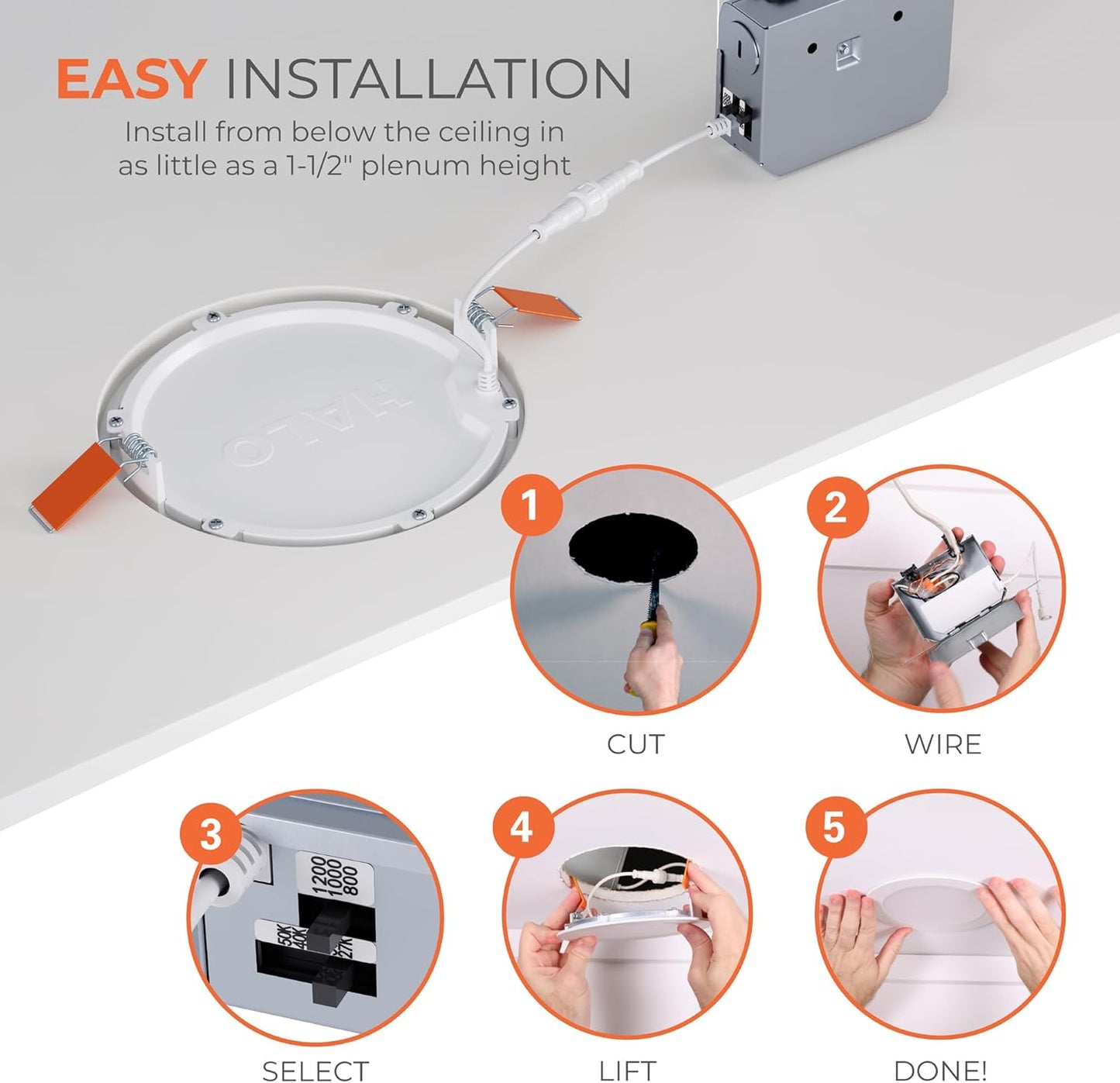 HALO HLB 6 in LED Recessed Lighting Canless Dimmable Wet Location Selectable Lumens and Selectable Color 27/30/35/40/5000K Indoor Outdoor Soffit Ceiling Downlight HLB6LSFS5