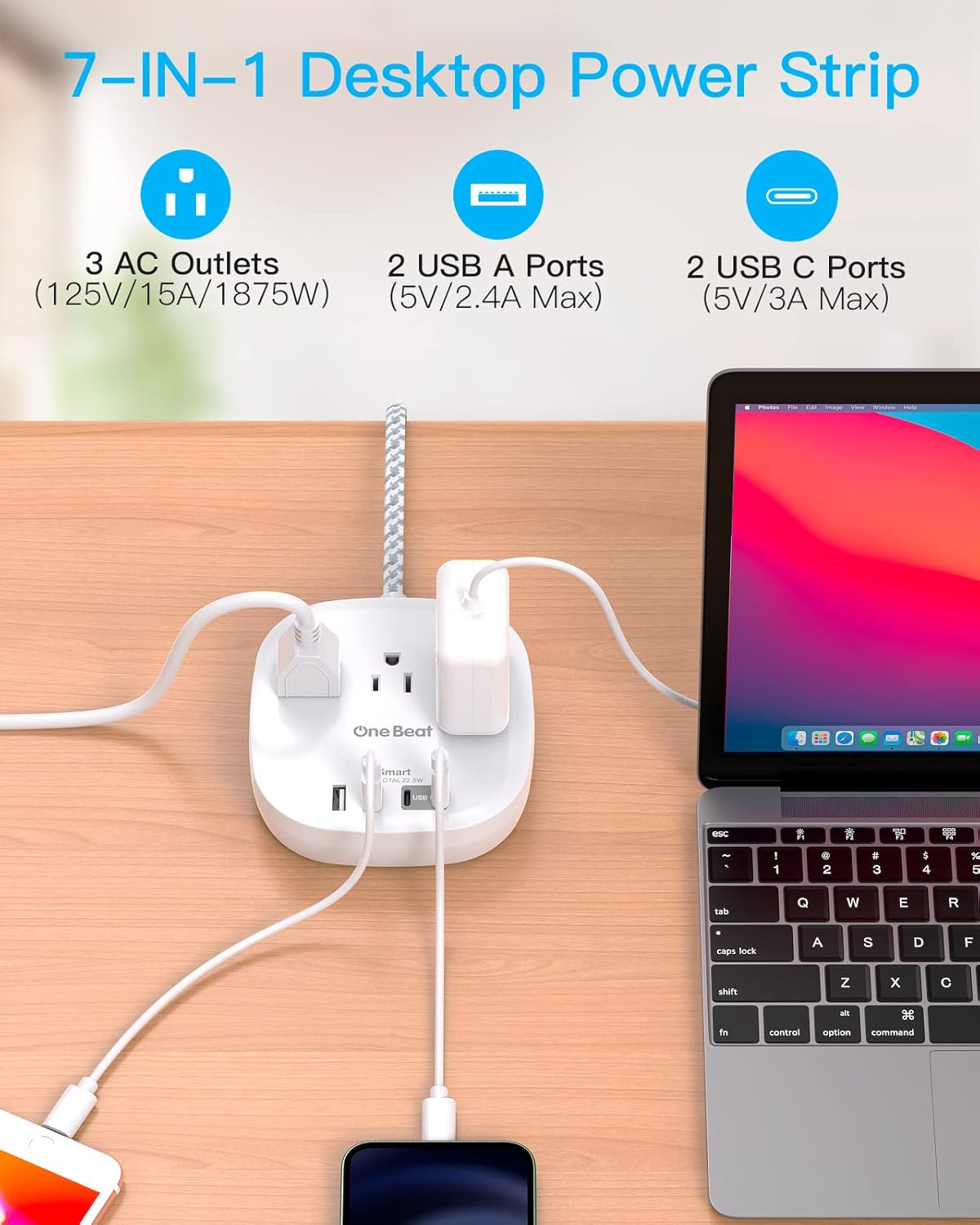 Flat Plug Power Strip, 6ft Ultra Flat Extension Cord - 3 Outlets 4 USB Ports (2 USB C) 22.5W/4.5A Desktop Charging Station, Power Strip No Surge Protection for Cruise Ship, Dorm Room Travel Essentials