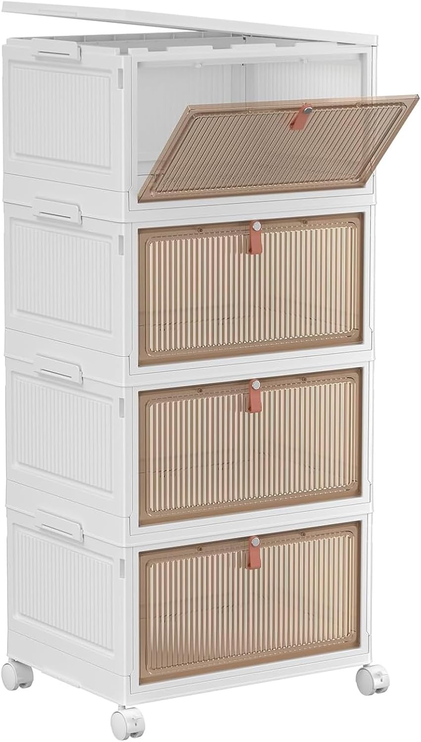 YFXCVSL 4 Tier Plastic Storage Bins with Lid 23QT, Stackable Storage Containers with Wheels, Folding Storage Boxes, Stackable Storage Bins, Organizers and Storage for Living Room,Office,Dorm