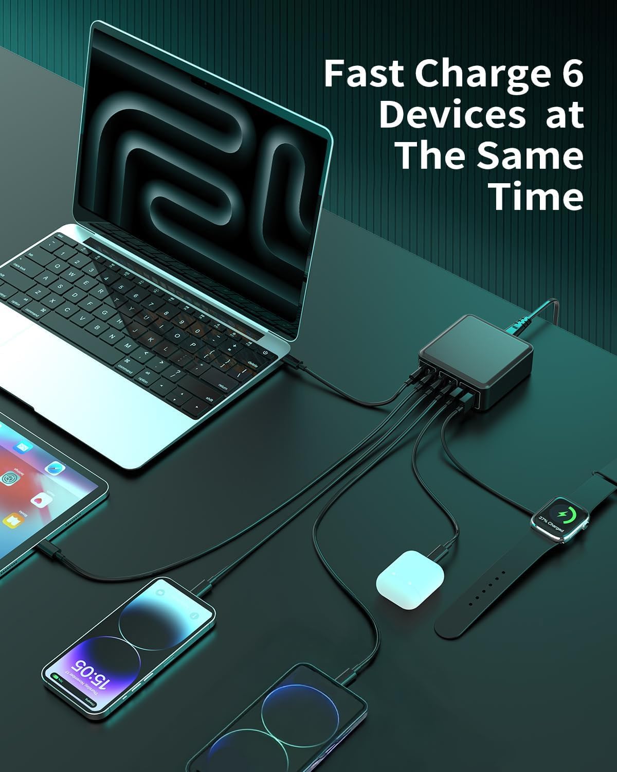 MSTJRY Charging Station for Multiple Devices : 130W 6 Port GaN Fast USB C Charger Station, Compact Multi Port PD 65W 45W Charger for iPhone 17/16 15/14/13/Pro Max