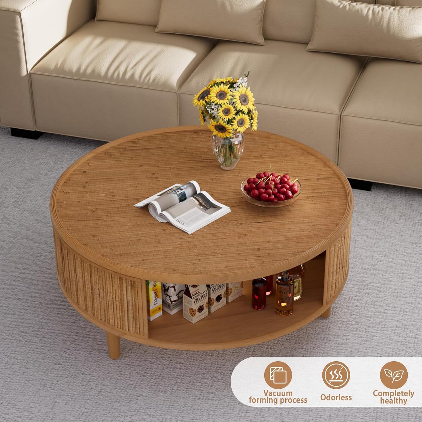 30.5" Bamboo Weaving Round Coffee Table with Storage（Light Brown） | Solid Wood Legs, Boho Accent Center Table for Living Room, Bedroom Apartment