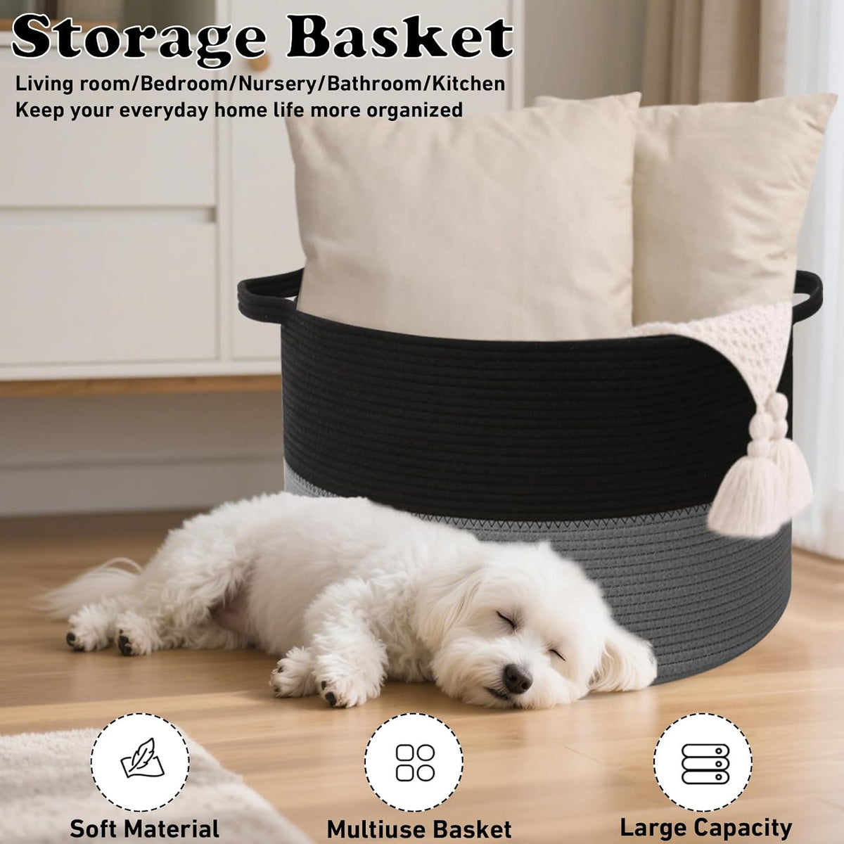 65L Large Blanket Basket,Woven Rope Laundry Basket-Black&Dark Grey | Collapsible, reinforced handles, nursery storage bin organizes clothes, toys and pillows for living room, bedroom bathroom