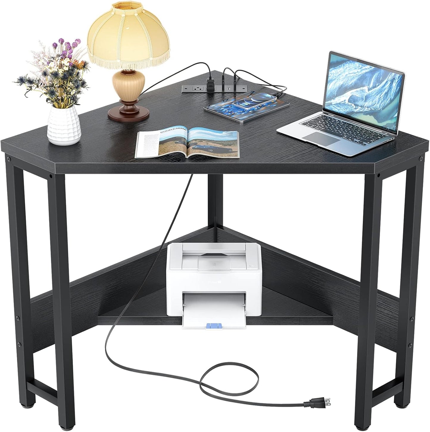 Armocity Corner Desk Small Desk with Outlets Corner Table for Small Space, Computer Desk with USB Ports Triangle Desk with Storage for Home Office, Workstation, Living Room, Bedroom, Black
