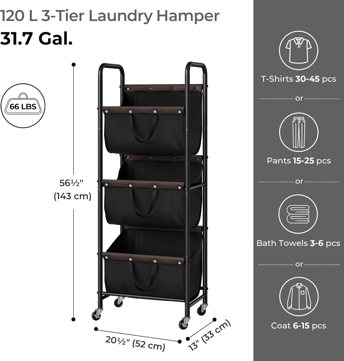 GRANNY SAYS 3 Section Tiered Laundry Sorter, Slim Vertical Laundry Hamper with Wheels, Narrow Rolling Laundry Cart with Removable Bags for Laundry Room, Bathroom, Closet, Dorm, Black