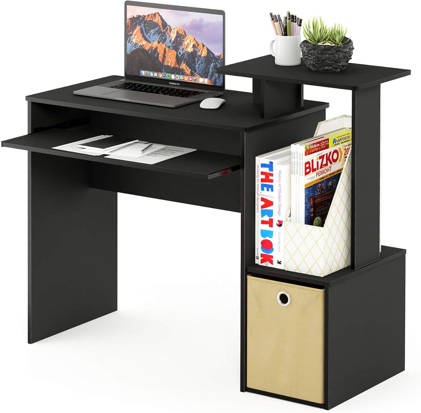 Furinno Econ 40-Inch Black Computer Desk Side Shelves, Office Desk with Keyboard Tray and Storage Bins, Rectangular Gaming Desk for Home Office, Bedroom, Study Room, Classic Black