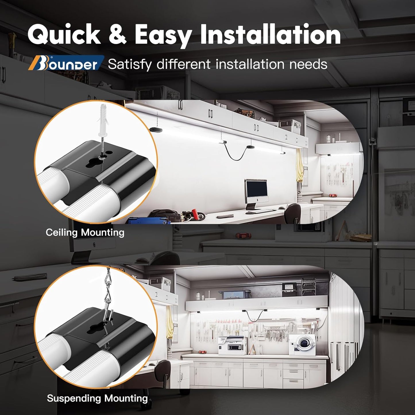 BBOUNDER 10 Pack Linkable LED Utility Shop Light, 4400 LM, 6500K Cool Daylight, 4 FT Integrated Fixture for Garage, 40W Equivalent 250W, Surface + Suspension Mount, Black