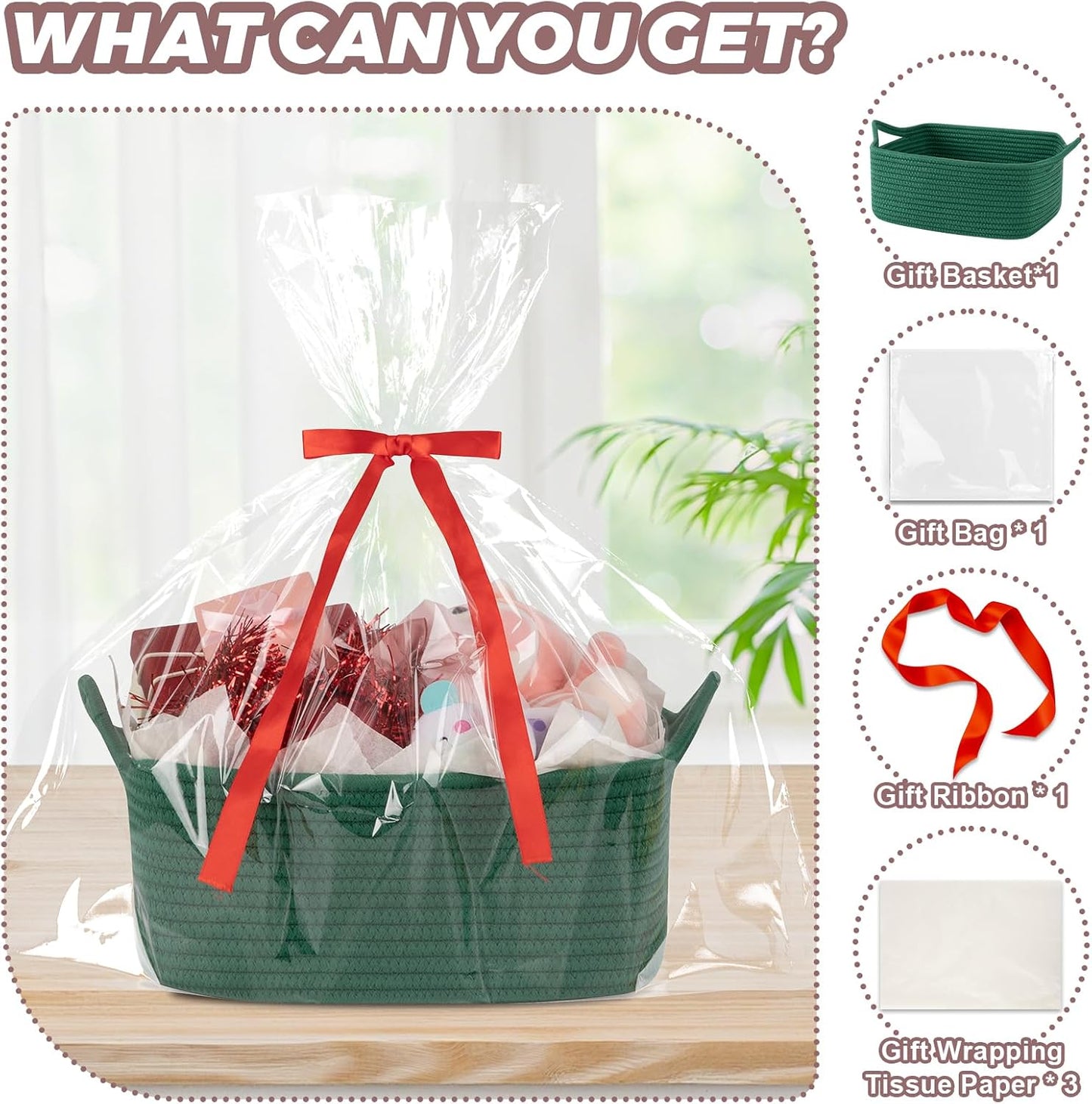 OIASKET Gift Basket Empty with Handle, Small Woven Baskets for Gifts Empty | 13.6"x10"x5.9", Baby Shower Toy Storage Baskets, Dog Toy Storage for Organizing, with Gift Bag Ribbon Tissue Paper