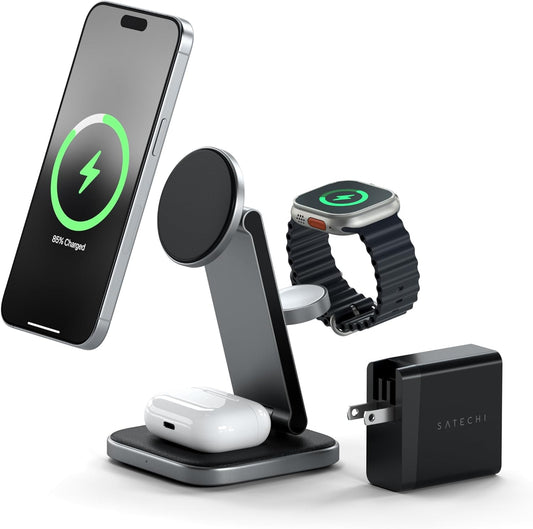 Satechi 3-in-1 Qi2 Wireless Charging Station, 15W Magnetic Charging | Foldable travel design, fits iPhone 12-17, AirPods Pro, Apple Watch