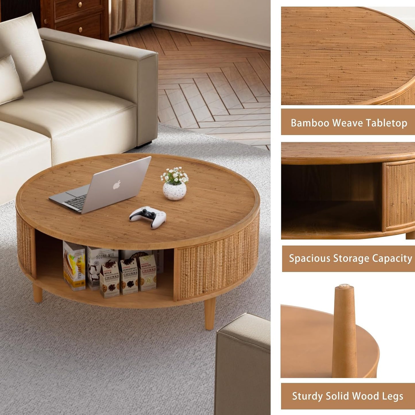 30.5" Bamboo Weaving Round Coffee Table with Storage（Light Brown） | Solid Wood Legs, Boho Accent Center Table for Living Room, Bedroom Apartment
