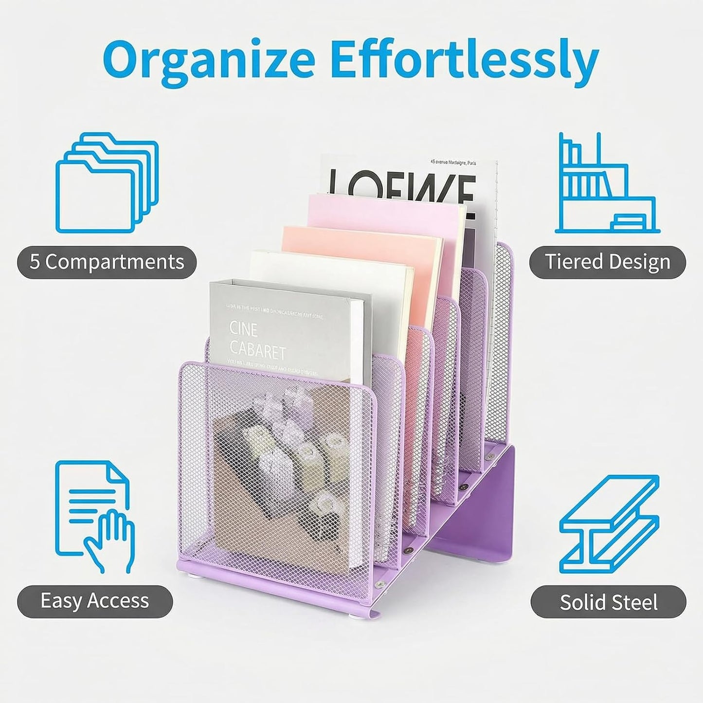 LEKETREE File Organizer for Desk, File Folder Organizer with 5-Section Vertical Rack, Suitable for Home Office Document Organization and Storage(Grape Purple)