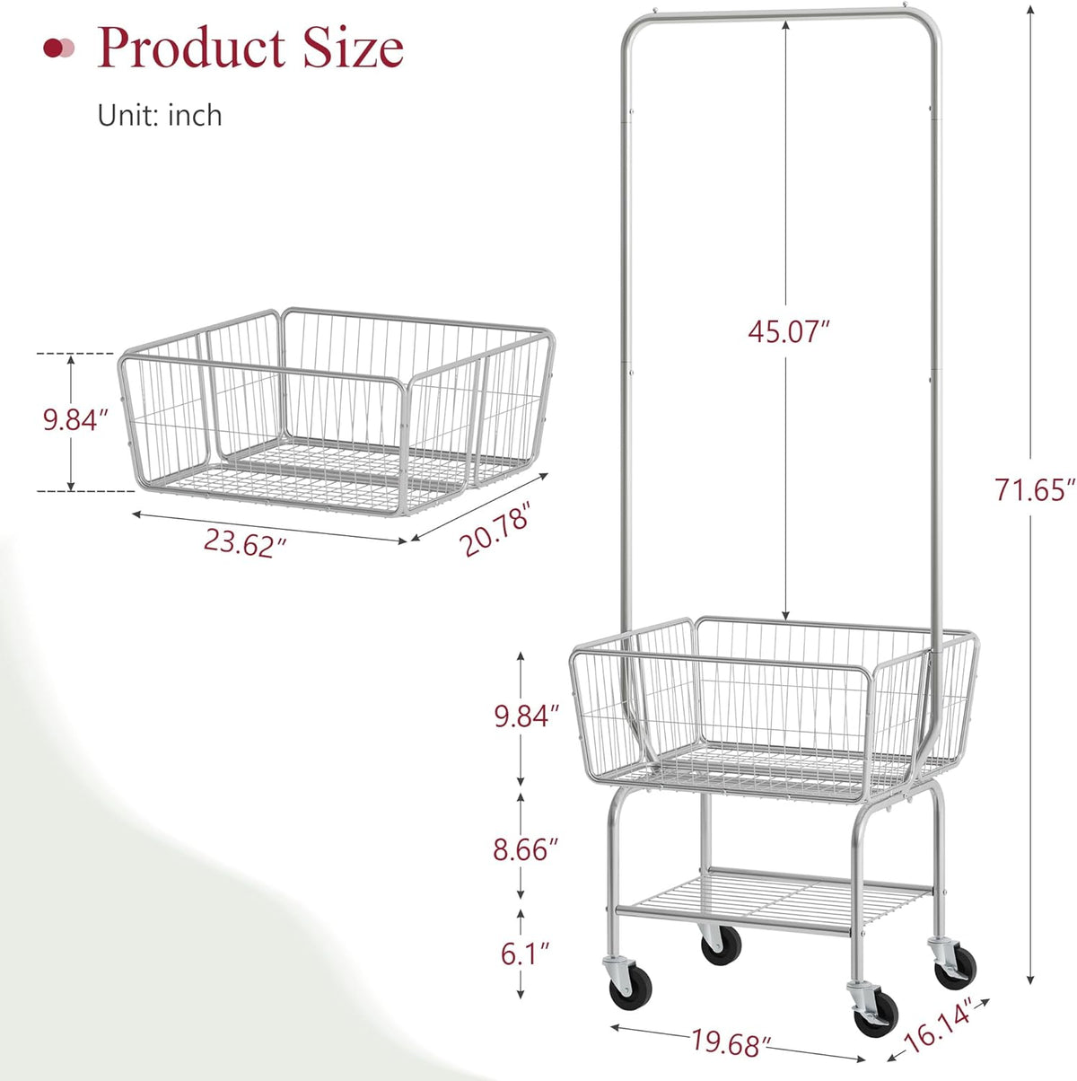 Tajsoon Laundry Cart with Hanging Rack, Metal Rolling Laundry Cart with Wheels and Storage Basket, Silver
