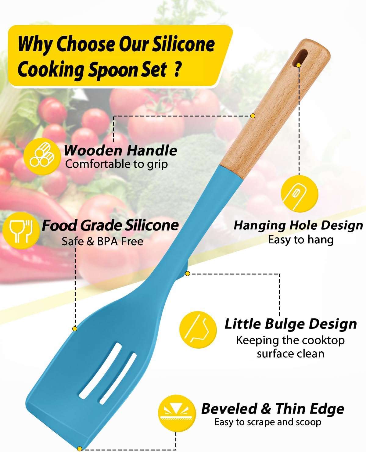 Pack of 2 Large Silicone Cooking Spoons, Heat Resistant Non Stick Kitchen Utensils with Wooden Handle, Ideal for Mixing, Stirring, Serving, Cooking(BLUE)
