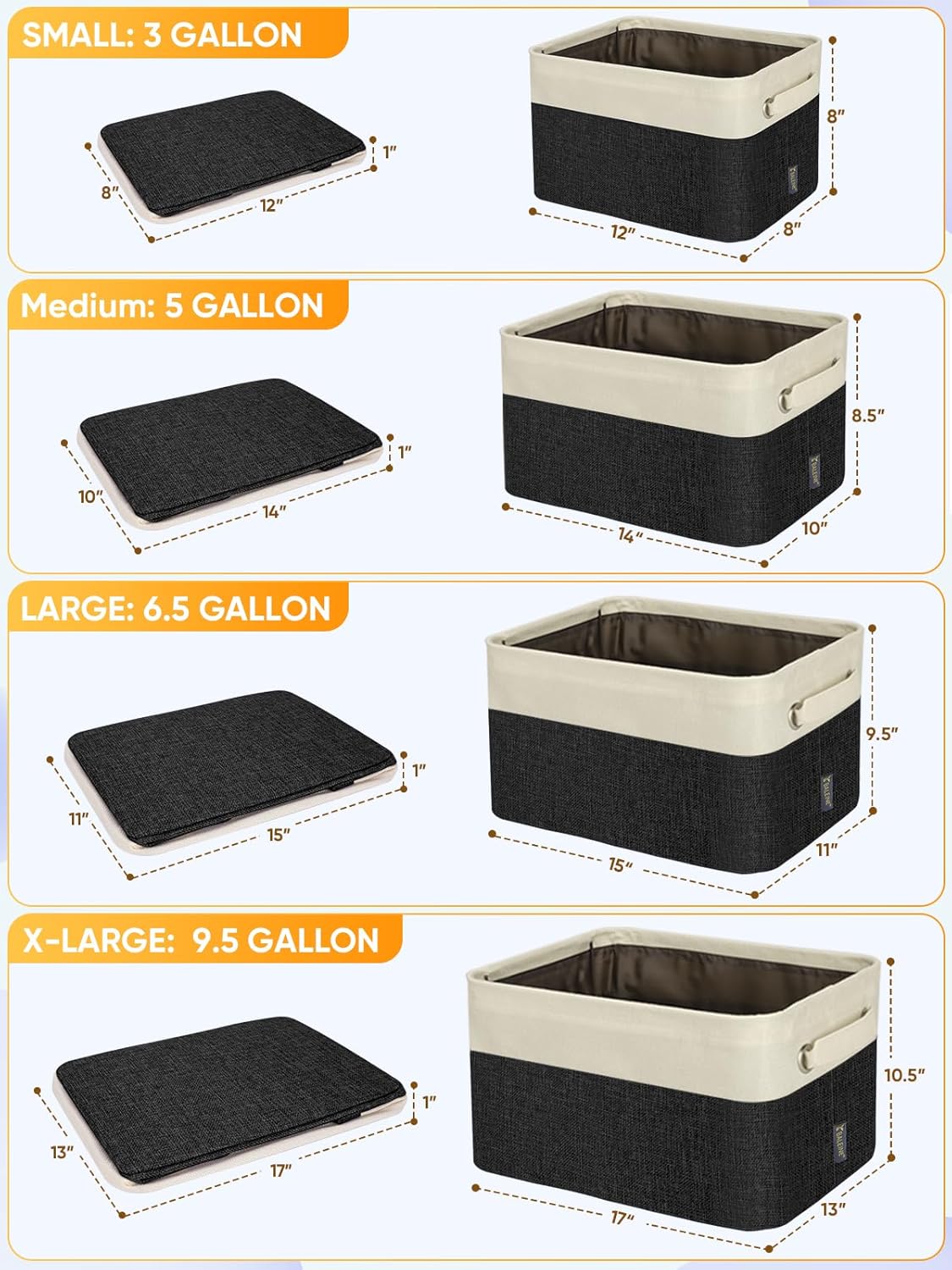 BALEINE 3 Pack Fabric Closet Storage Bins for Shelves, Linen Closet Organizers and Storage, Decorative Baskets for Organizing, Shelf, Clothes, Home, Office (Black, 14''x10''x8.5'')