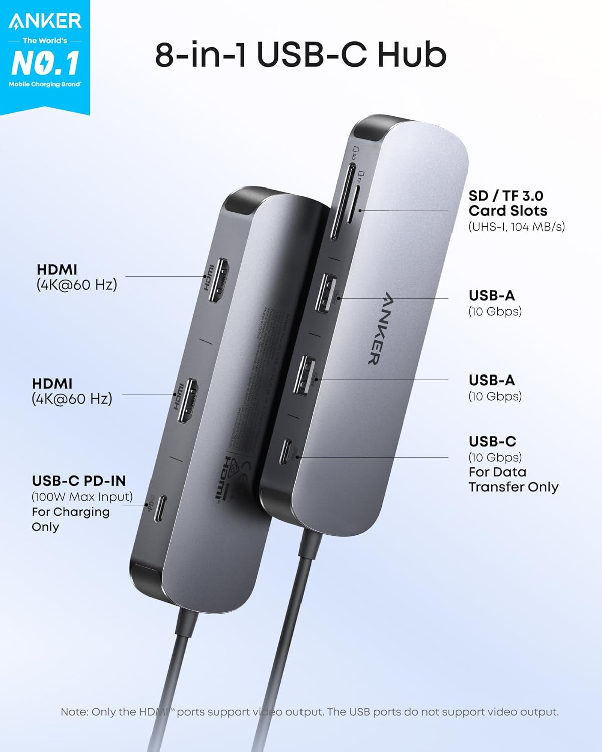 Anker Nano Laptop Docking Station Dual Monitor, 8-in-1 USB C Dock with 4K@60Hz HDMI, 10Gbps 1 USB-C, 2 USB-A, 85W PD, SD/TF Card Reader, for Dell,Lenovo, HP, and Windows Laptops (Charger Not Included)
