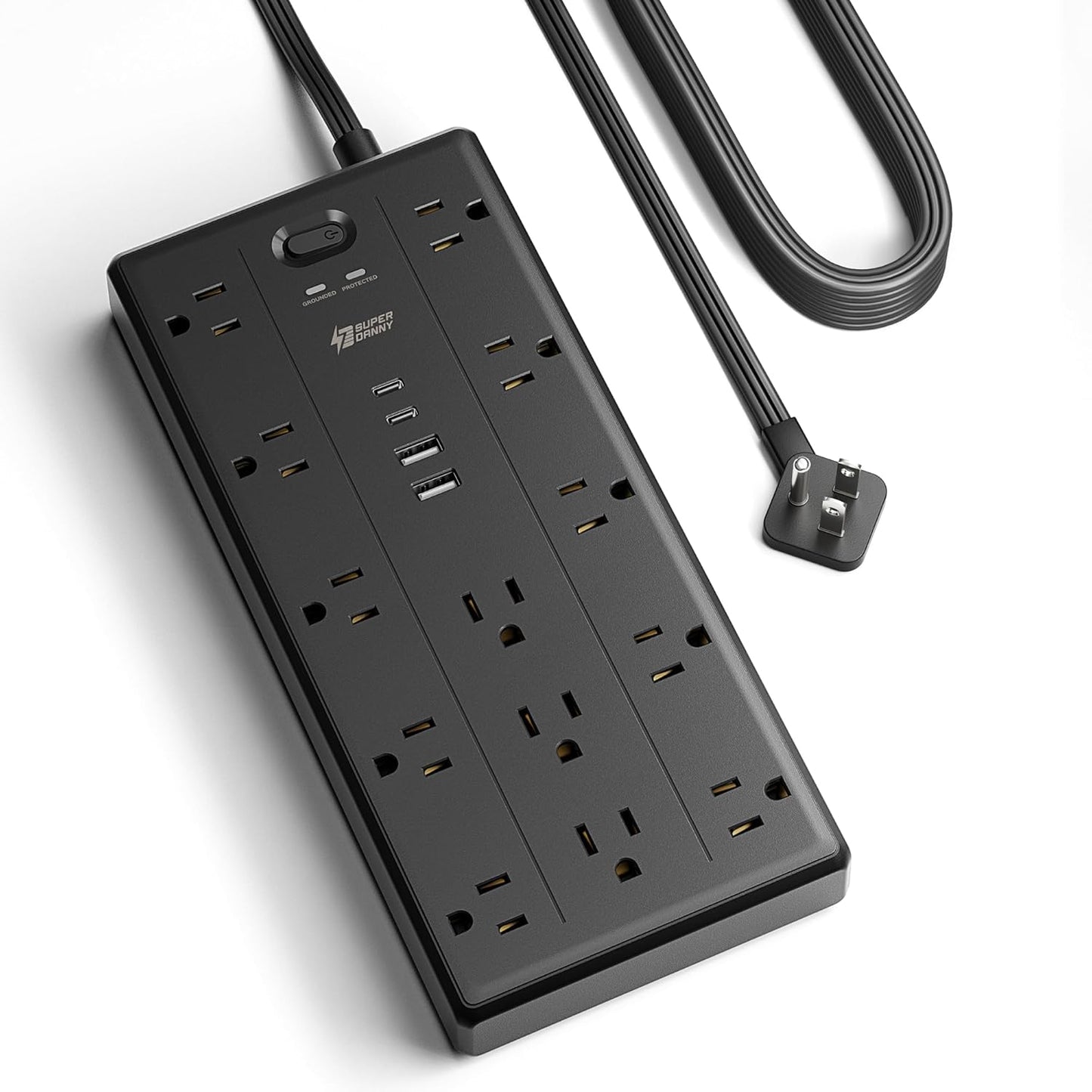 10Ft Extension Cord with Multiple Outlets, Flat Plug Power Strip with 2100J Surge Protector, 13 Outlets, 2 USB A, 2 USB C, Desk USB Charging Station, Home Office, College Dorm Room Essentials, Black