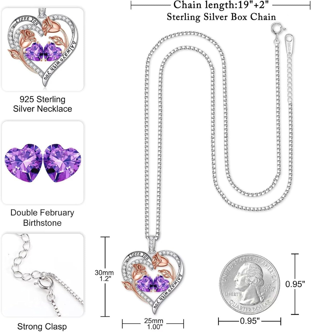 Iefil Birthstone Necklace for Women - Rose Heart Necklace