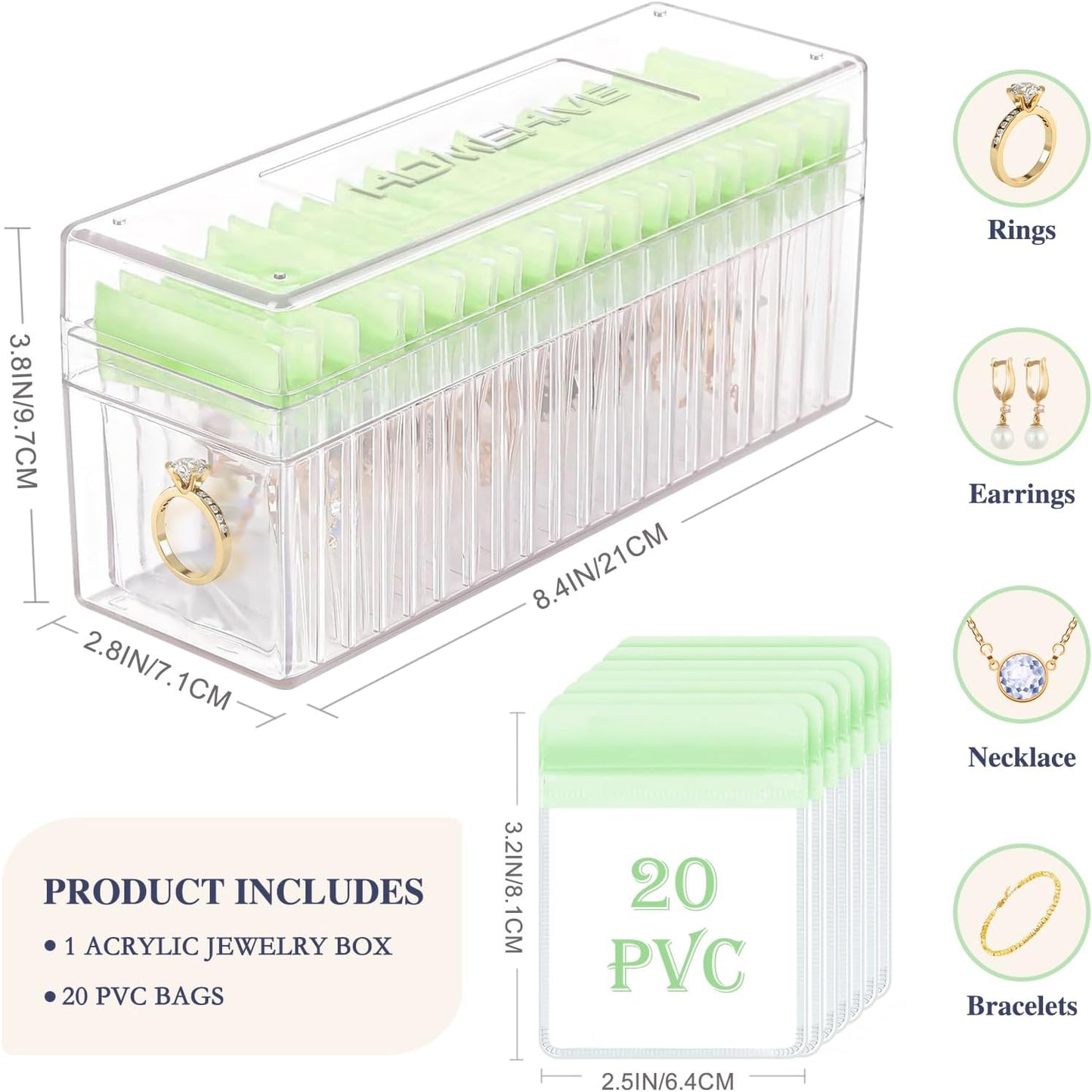 HOMEHIVE Acrylic Jewelry Box Organizer, Clear Jewelry Organizer Holder with 20 Portable Anti Tarnish Jewelry bags, Travel Jewelry Case for Earrings/Rings/Necklaces for Women Girls, Green