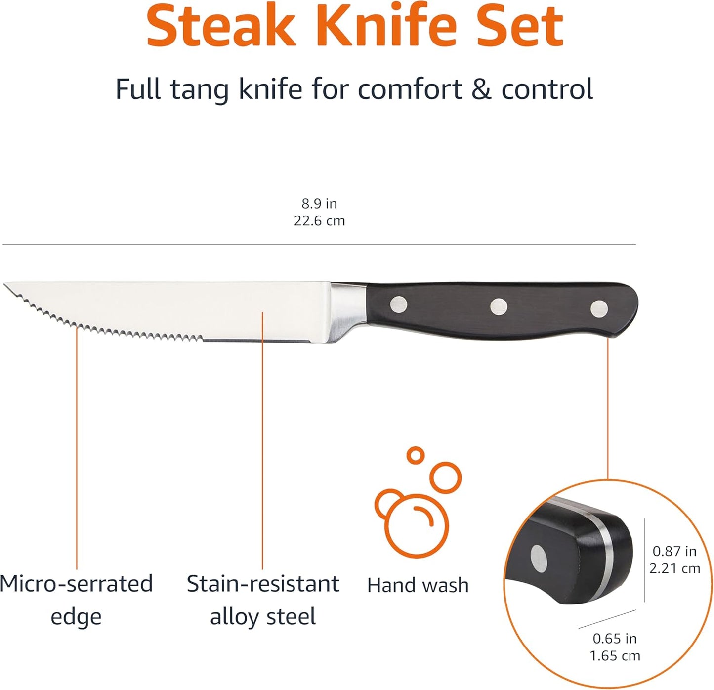 Amazon Basics 8-Piece Full Tang Stainless Steel Serrated Steak Knife Set, 4.5", Black