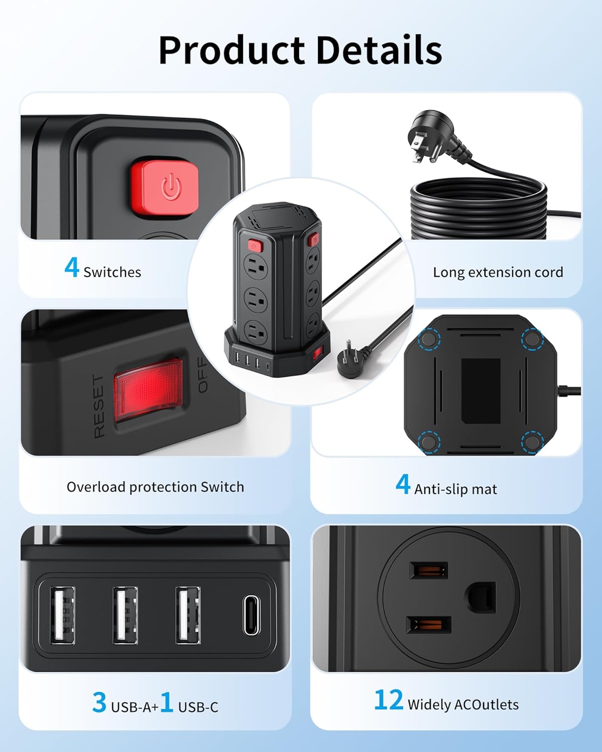 Power Strip Surge Protector, 6.5 Ft Extension Cord with 12 AC Multiple Outlets 4 USB (1 USB C), SMALLRT Power Tower Desktop Charging Station