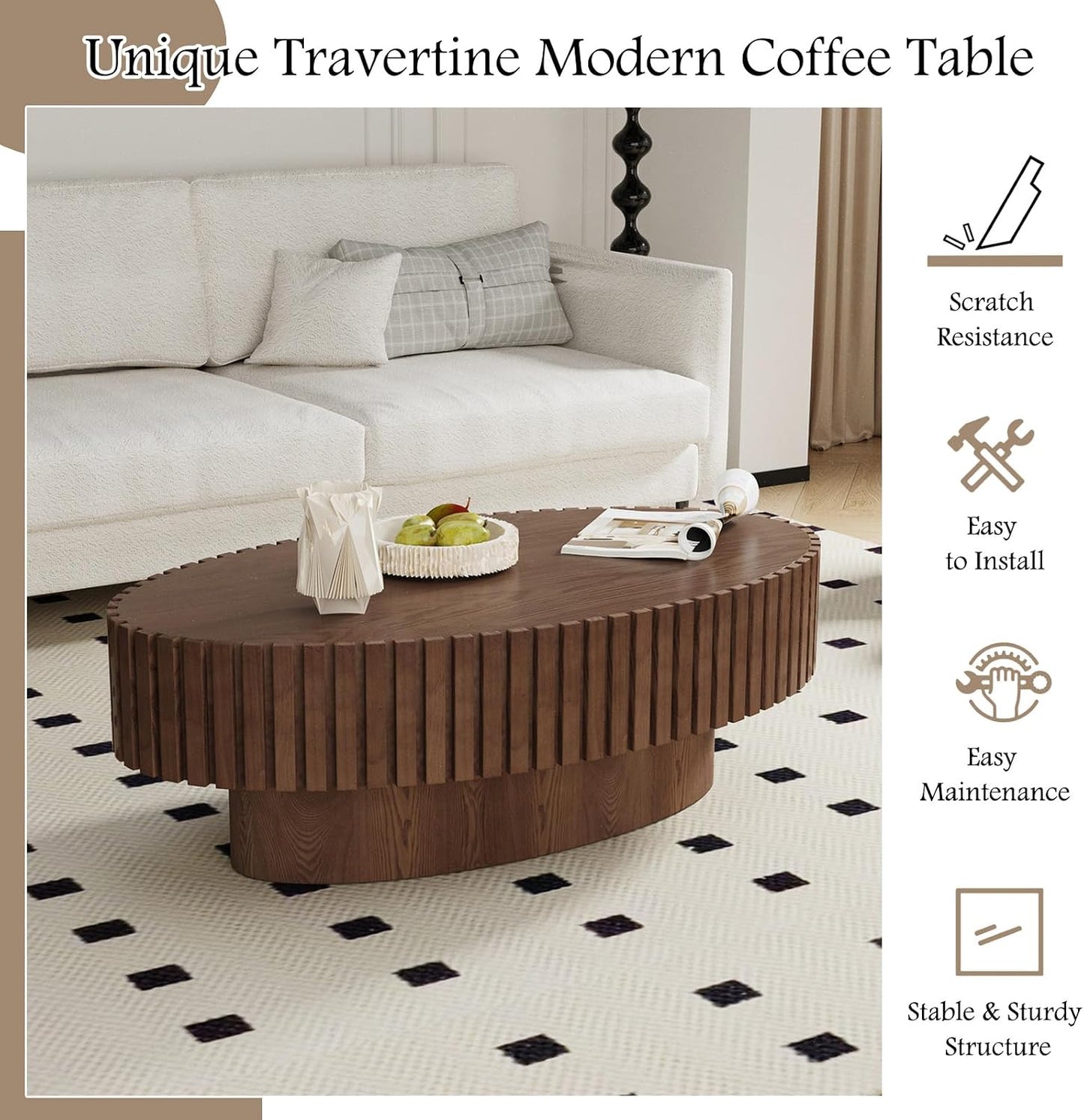 43.3" Oval Wood Coffee Table (Dark Brown) | Fluted Design, Modern Handcraft Drum Center Table, Solid Wood Relief, Sturdy Pedestal, For Living Room Home Office