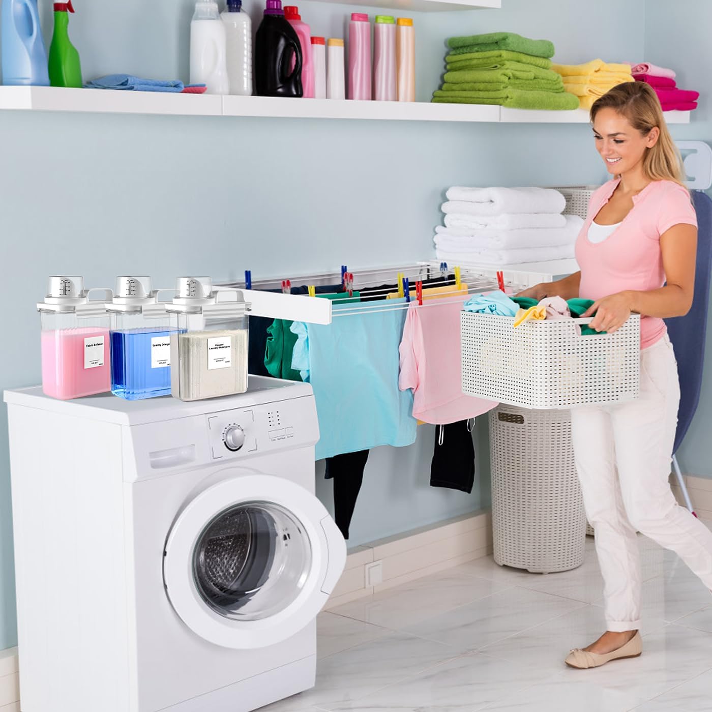 Liquid Laundry Detergent Dispenser 64OZ, Laundry Soap Dispenser, Clear Plastic Fabric Softener Holder and Container, Laundry Room Organization and Storage, 3 Pack