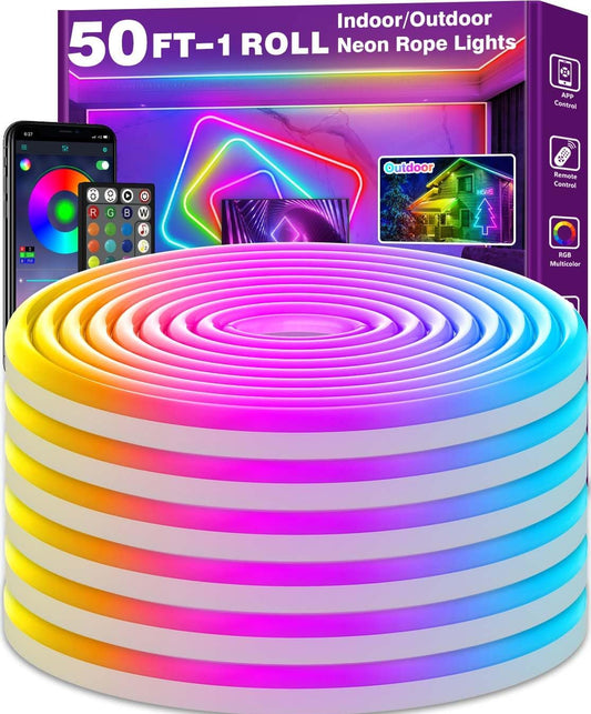 50Ft Neon Rope Lights,Flexible Led Rope Lights Control with App/Remote,Multiple Modes Rope Lights,IP65 Outdoor RGB Led Neon Lights Waterproof,Music Sync Gaming Led Neons Light Strip for Bedroom Decor