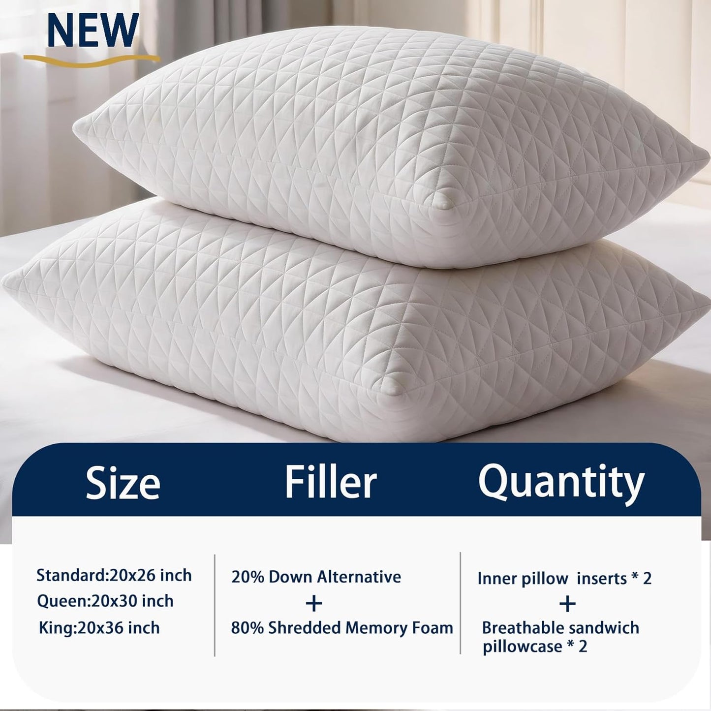 KEYOOHOME Shredded Memory Foam Pillows for Sleeping,Bed Pillows Queen Size Set of 2 Pack Cooling Adjustable,Good for Side and Back Sleeper with Washable Removable Cover