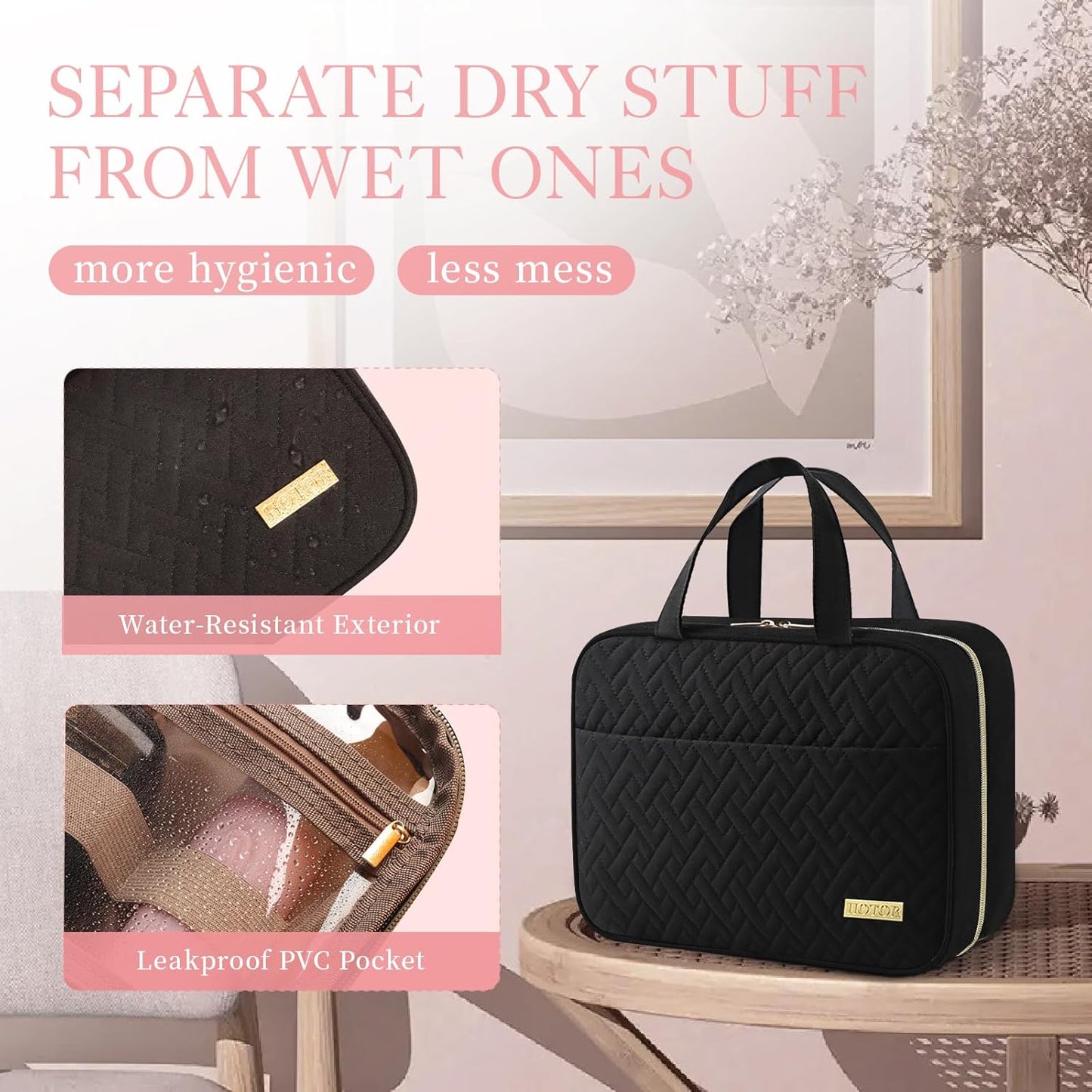 HOTOR Travel Toiletry Bag - Hanging Toiletry Bag for Women & Men, Makeup Bag/Big Comparment, Waterproof for Travel Accessories, Travel Essentials, Medium, Black