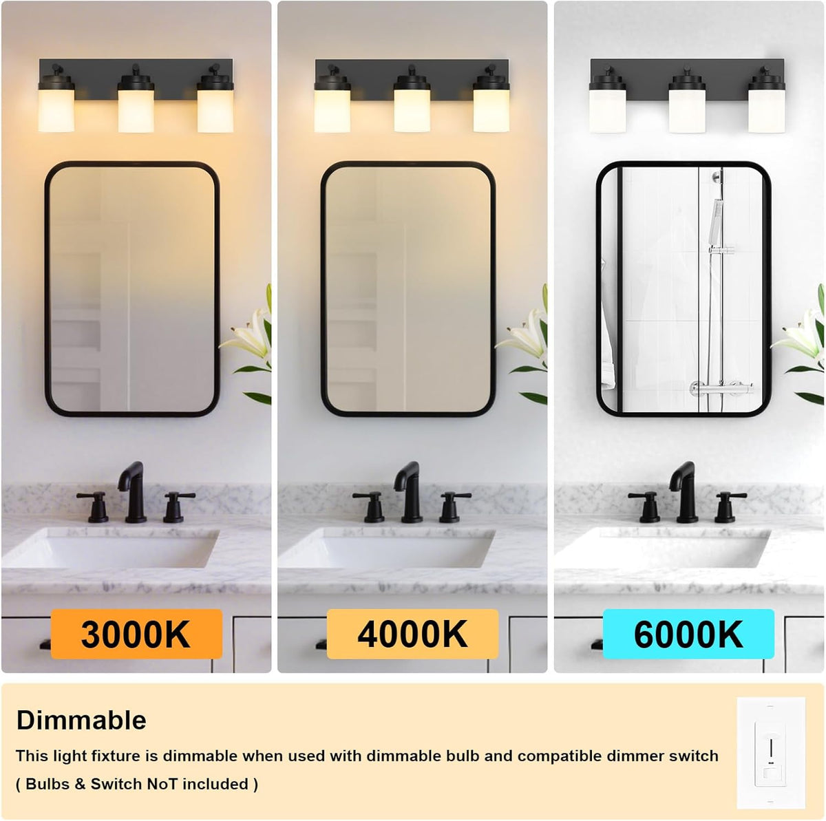 IZORRO Bathroom Vanity Light Fixture, 3-Light 22 Inch Matte Black Bathroom Light Fixtures Over Mirror, with White Glass Shade, Modern Farmhouse Vanity Lights, Rustic Restroom Lighting Fixtures