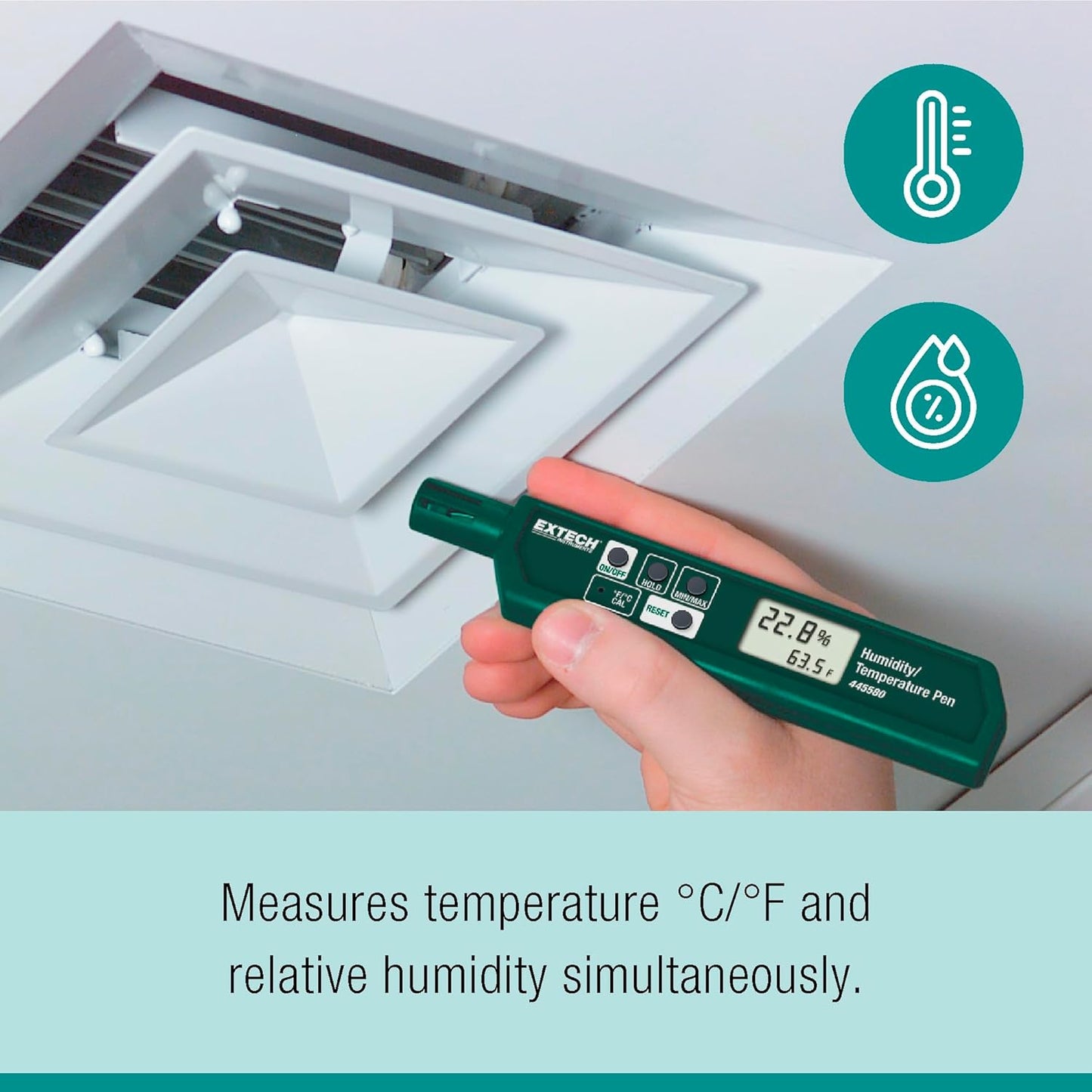 Extech 445580 Humidity and Temperature Pen with Fast Response Sensor, Min/Max Memory, Dual LCD, Pocket-Sized Hygrometer for HVAC, Labs, Storage Rooms, Indoor Air Monitoring